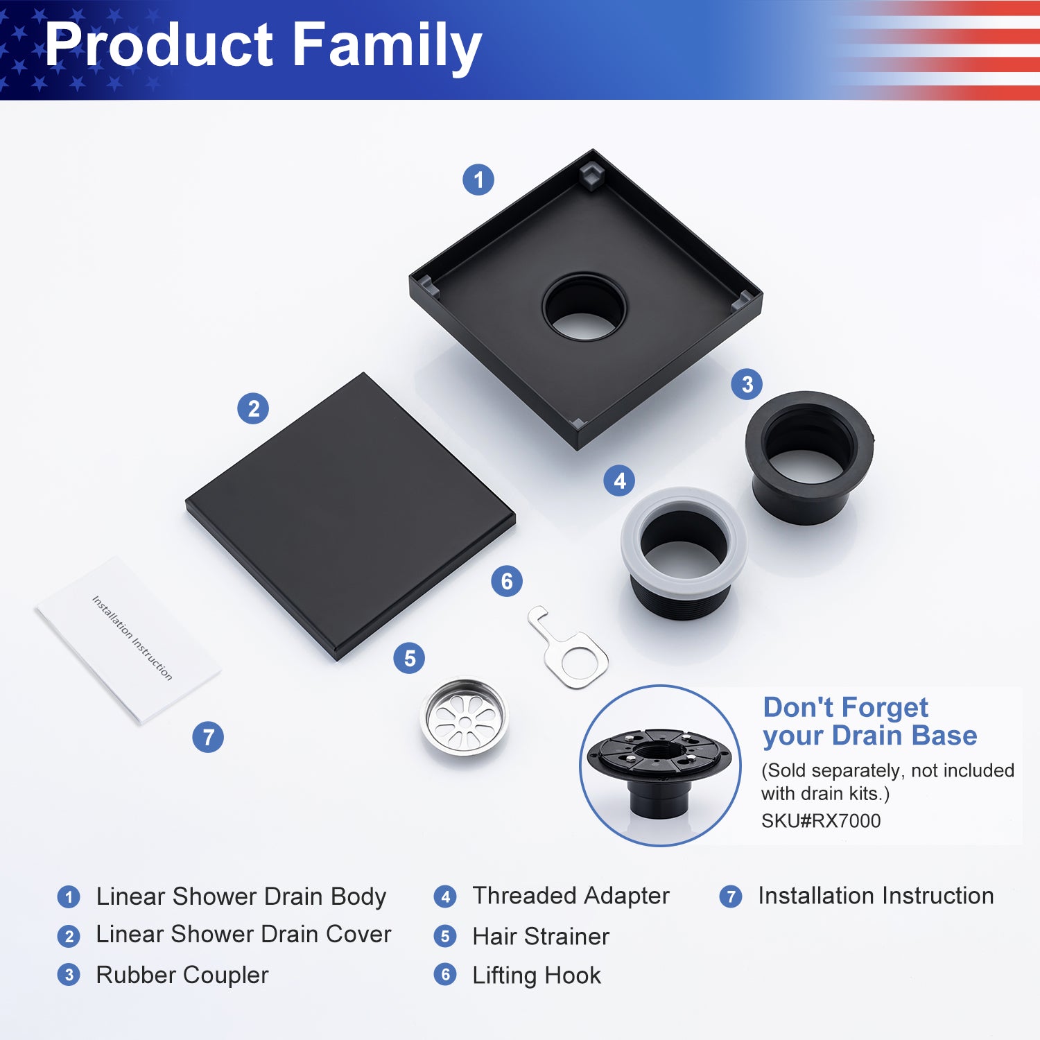 6" Square Grid Shower Drain, Matte Black