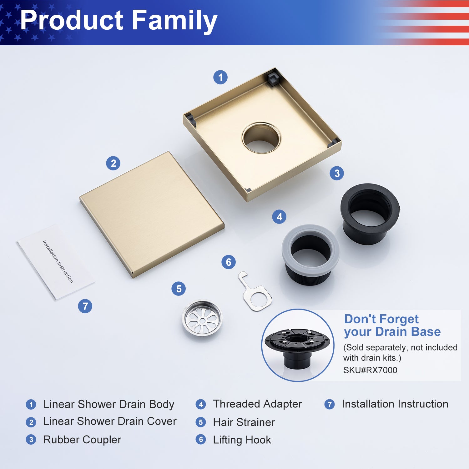 6" Square Grid Shower Drain, Matte Black