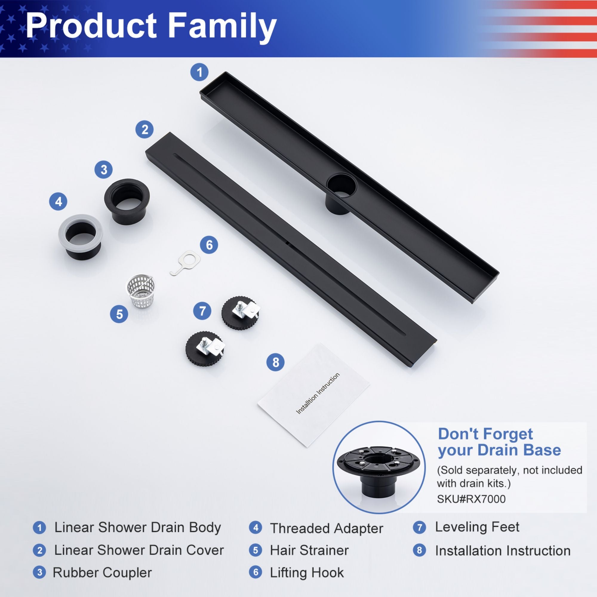 24" Linear Grid Shower Drain, Matte Black