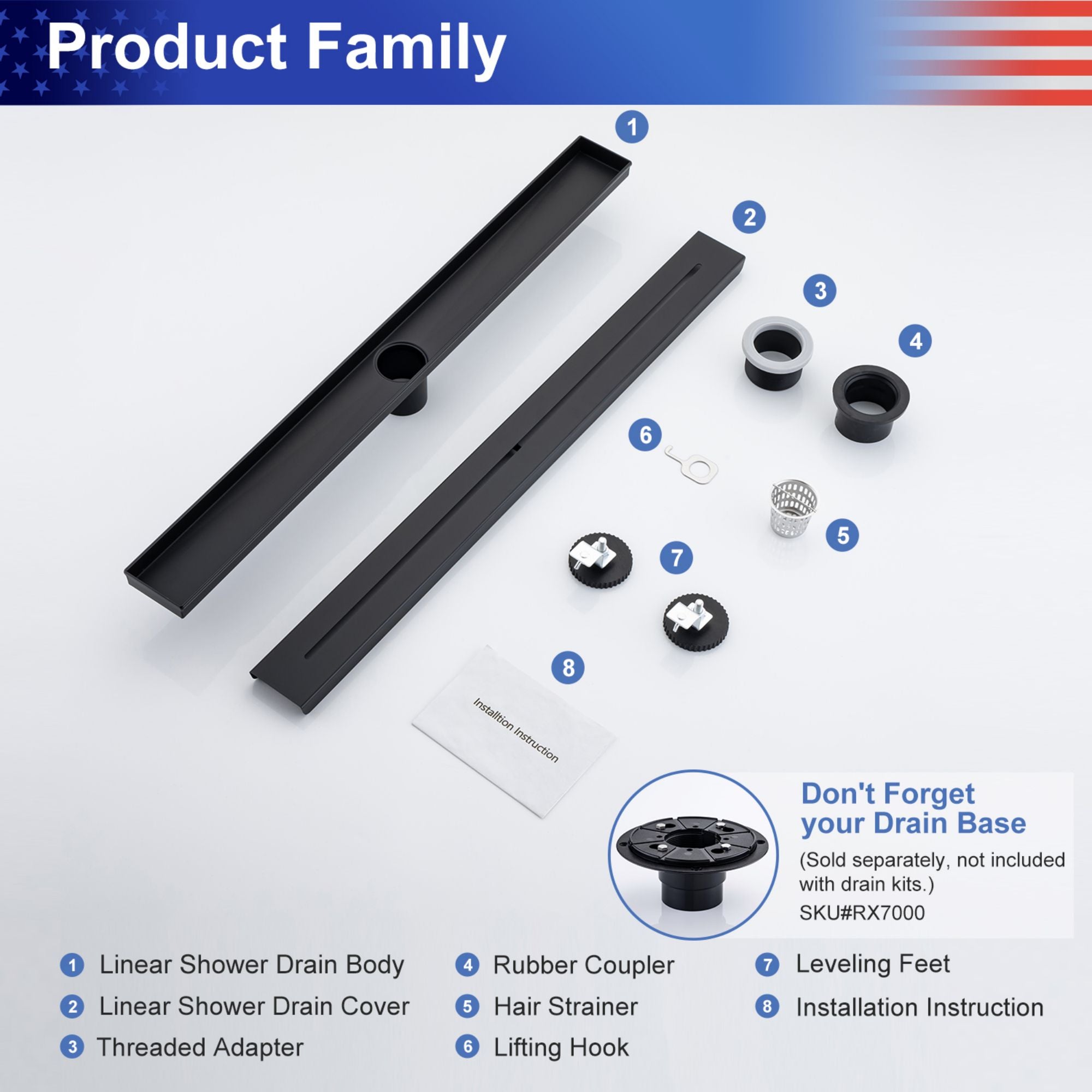 28" Linear Grid Shower Drain, Matte Black