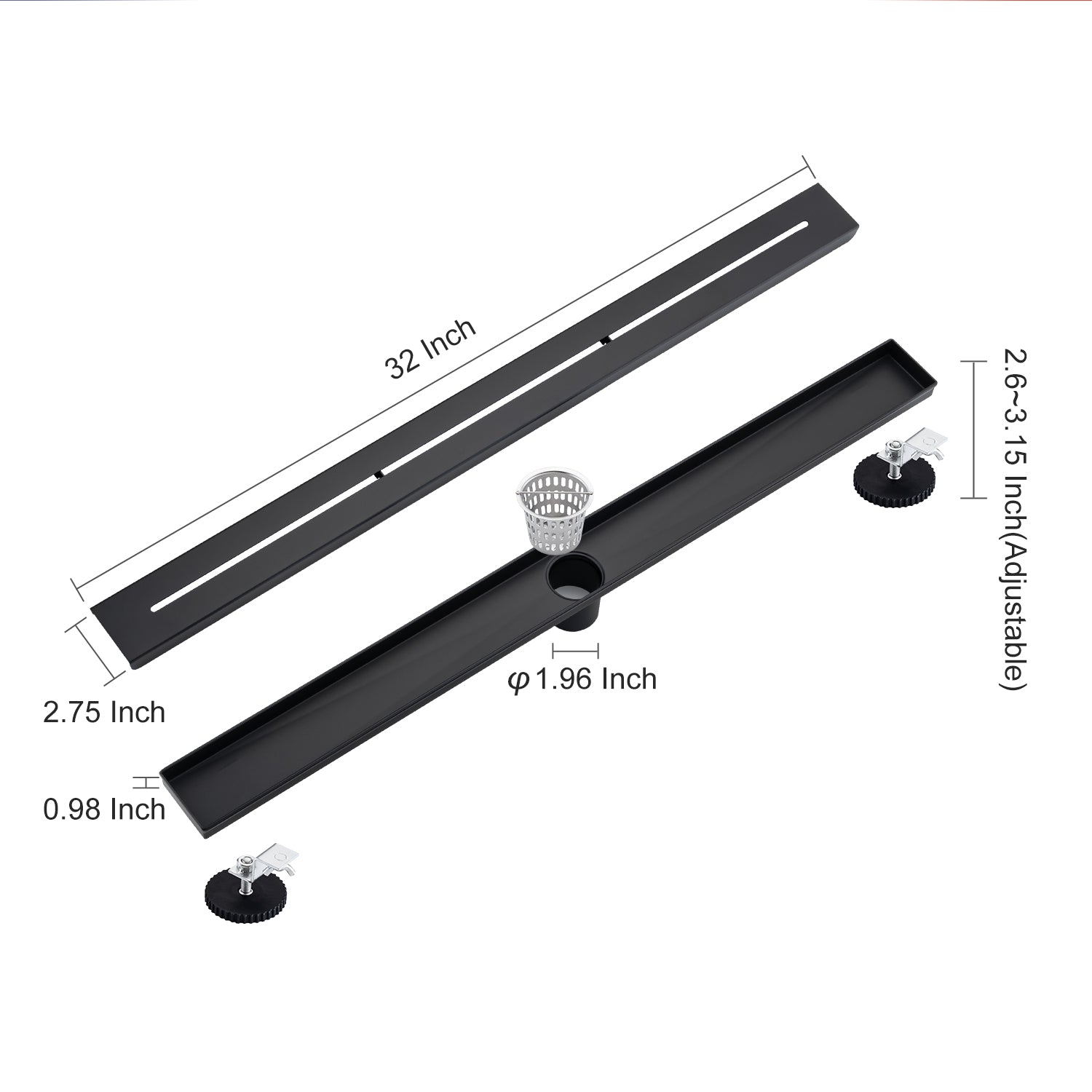 32" Linear Grid Shower Drain, Matte Black