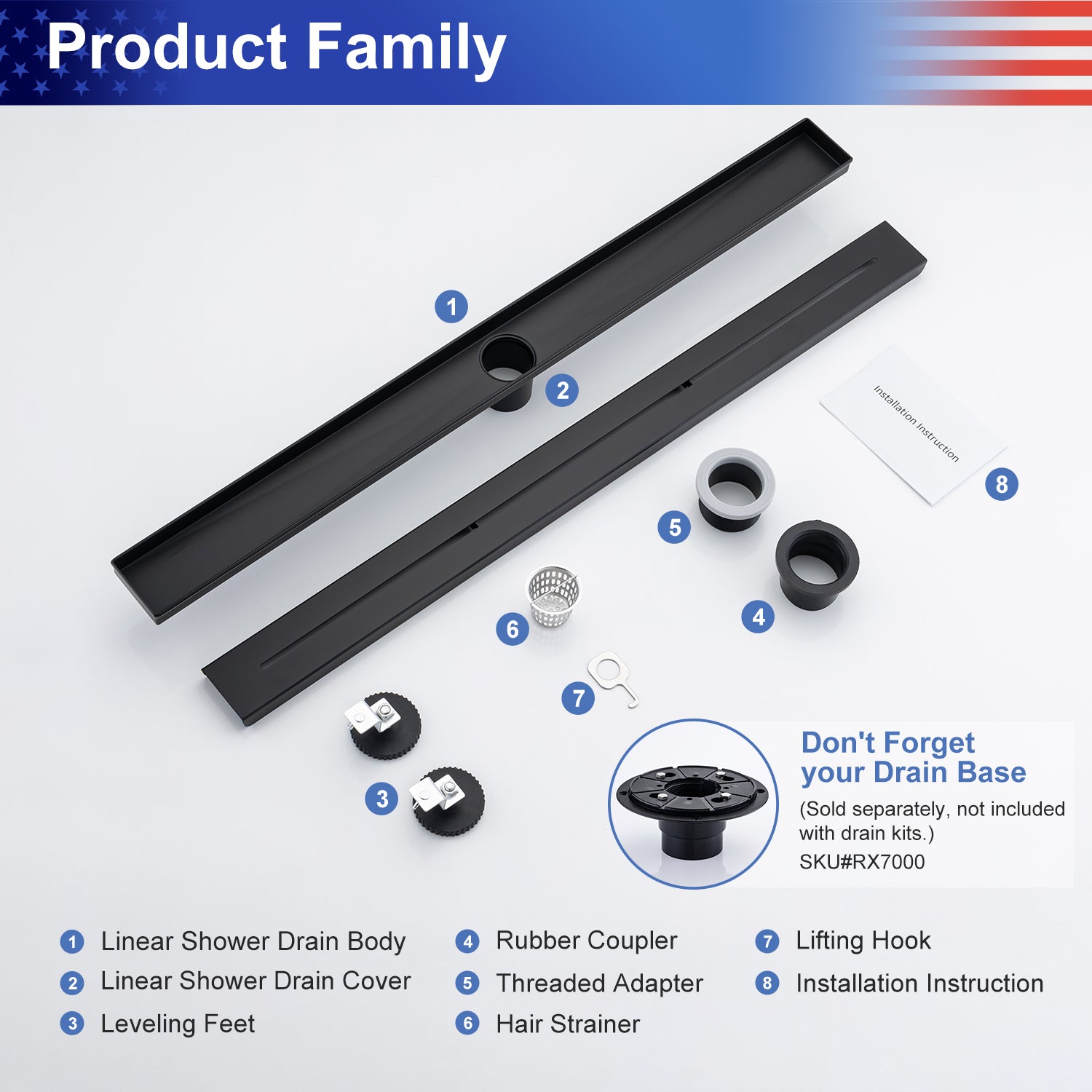 32" Linear Grid Shower Drain, Matte Black