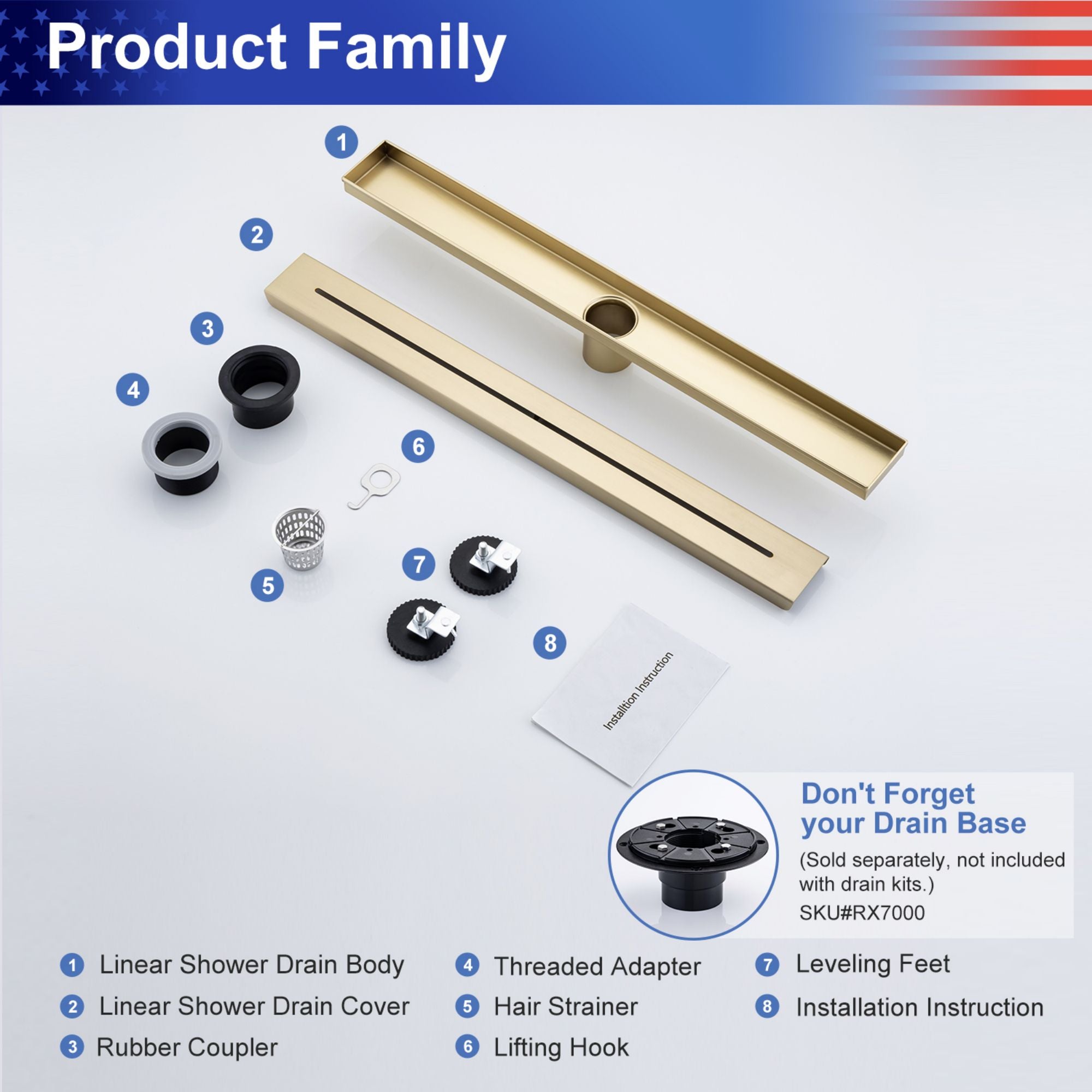 24" Linear Grid Shower Drain, Matte Black