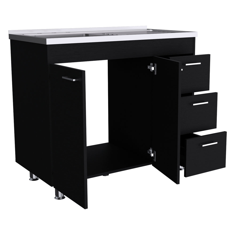 Rainlex 39.3 in. x 20.6 in. Black Freestanding Utility Sink with Cabinet, 3 Drawers, Double Door Storage & Faucet Hole for Kitchen Laundry Room