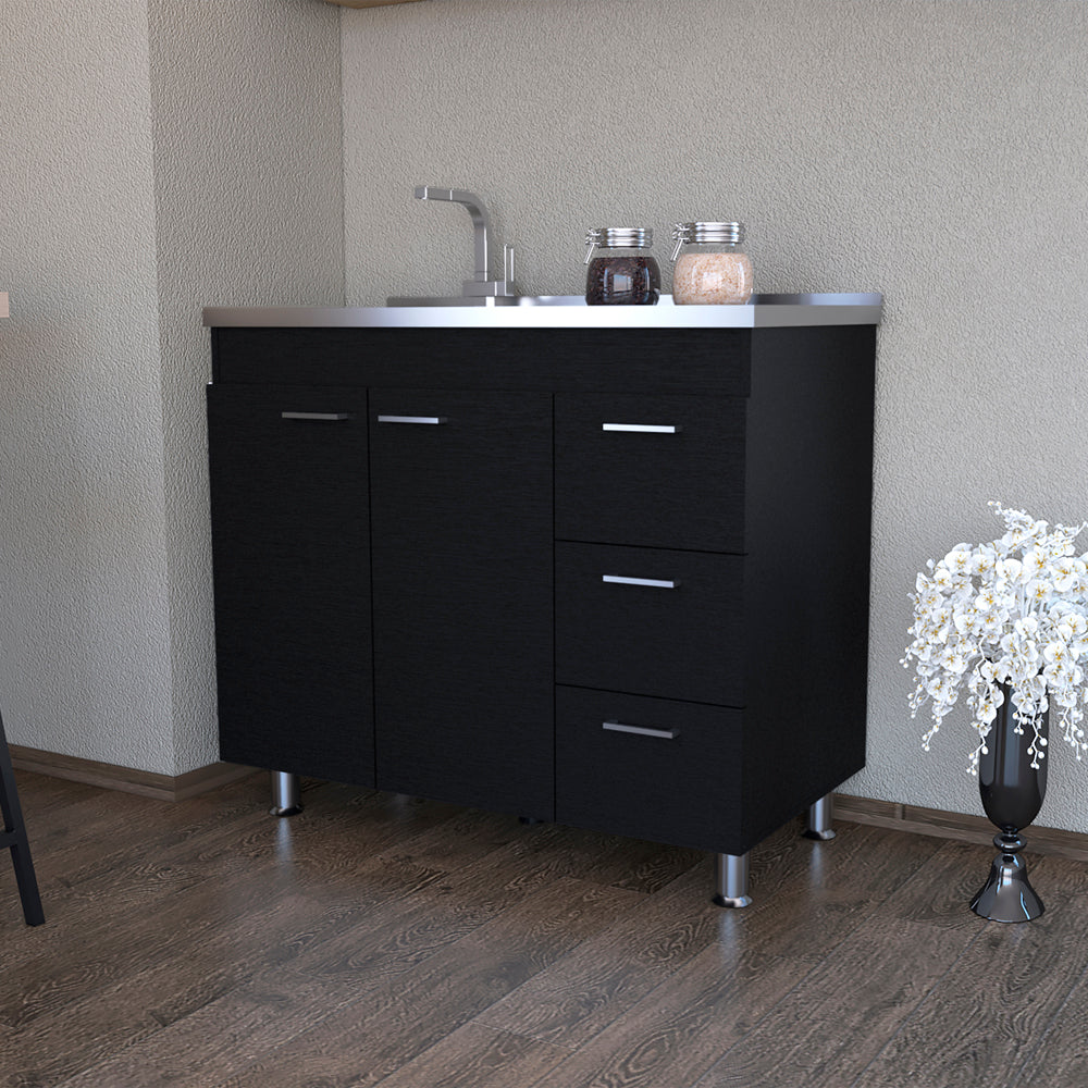 Rainlex 39.3 in. x 20.6 in. Black Freestanding Utility Sink with Cabinet, 3 Drawers, Double Door Storage & Faucet Hole for Kitchen Laundry Room