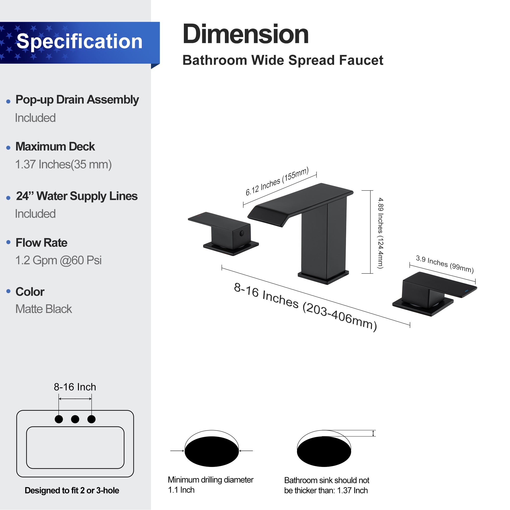 2-Handle Widespread Bathroom Faucet with Drain Assembly (S83017)