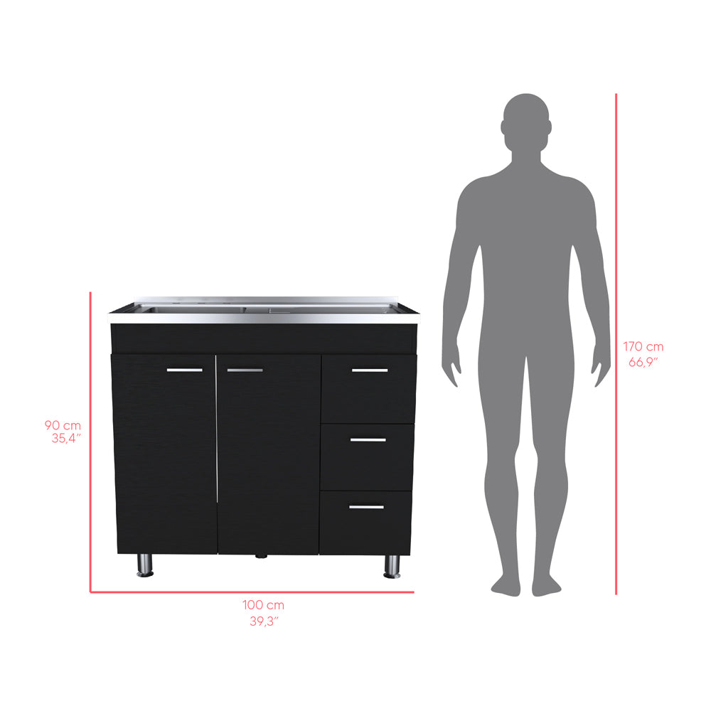 Rainlex 39.3 in. x 20.6 in. Black Freestanding Utility Sink with Cabinet, 3 Drawers, Double Door Storage & Faucet Hole for Kitchen Laundry Room