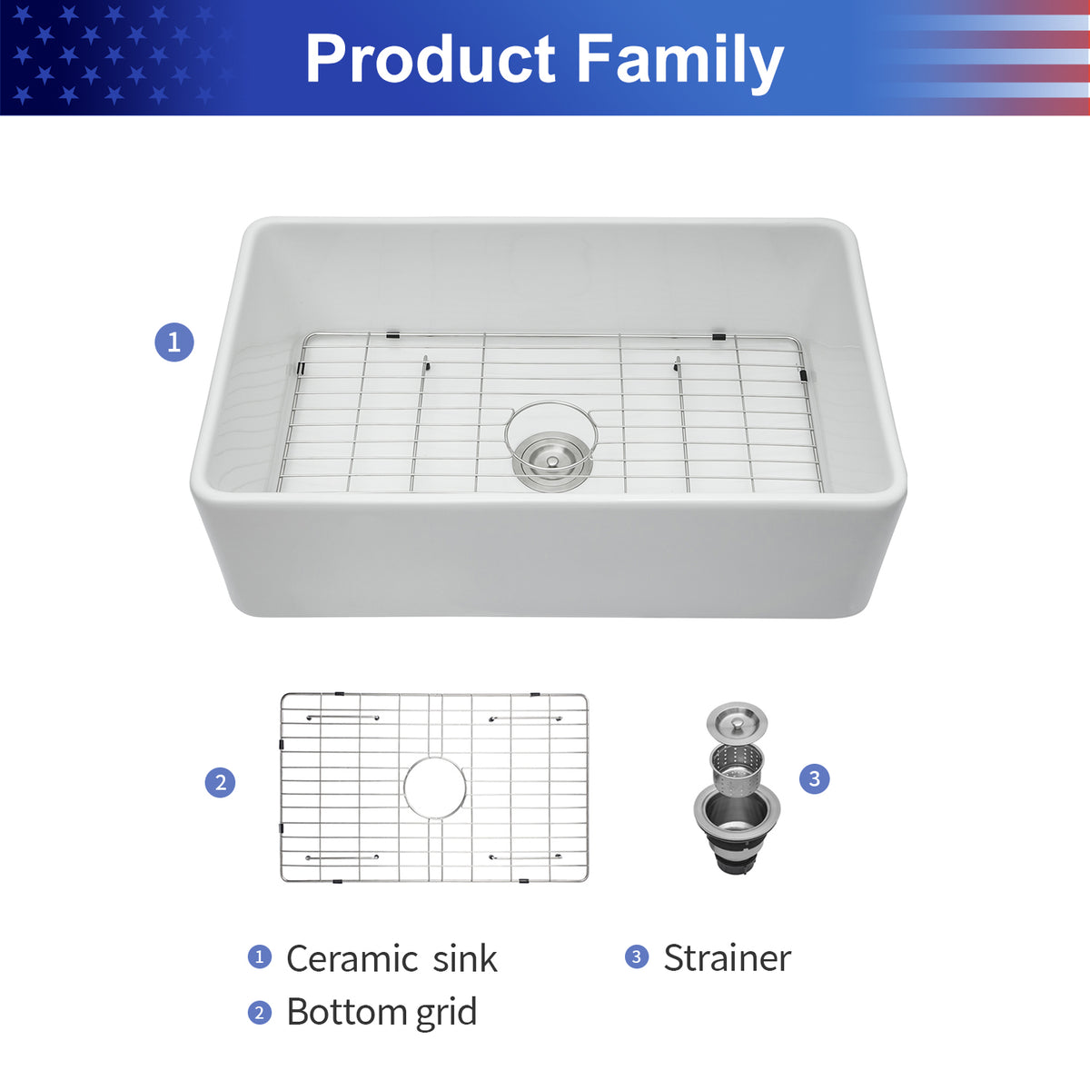 White Ceramic Porcelain Farmhouse Kitchen Sink, 9 in. Deep Single Bowl Apron Front Sink with 304 Stainless Steel Grid