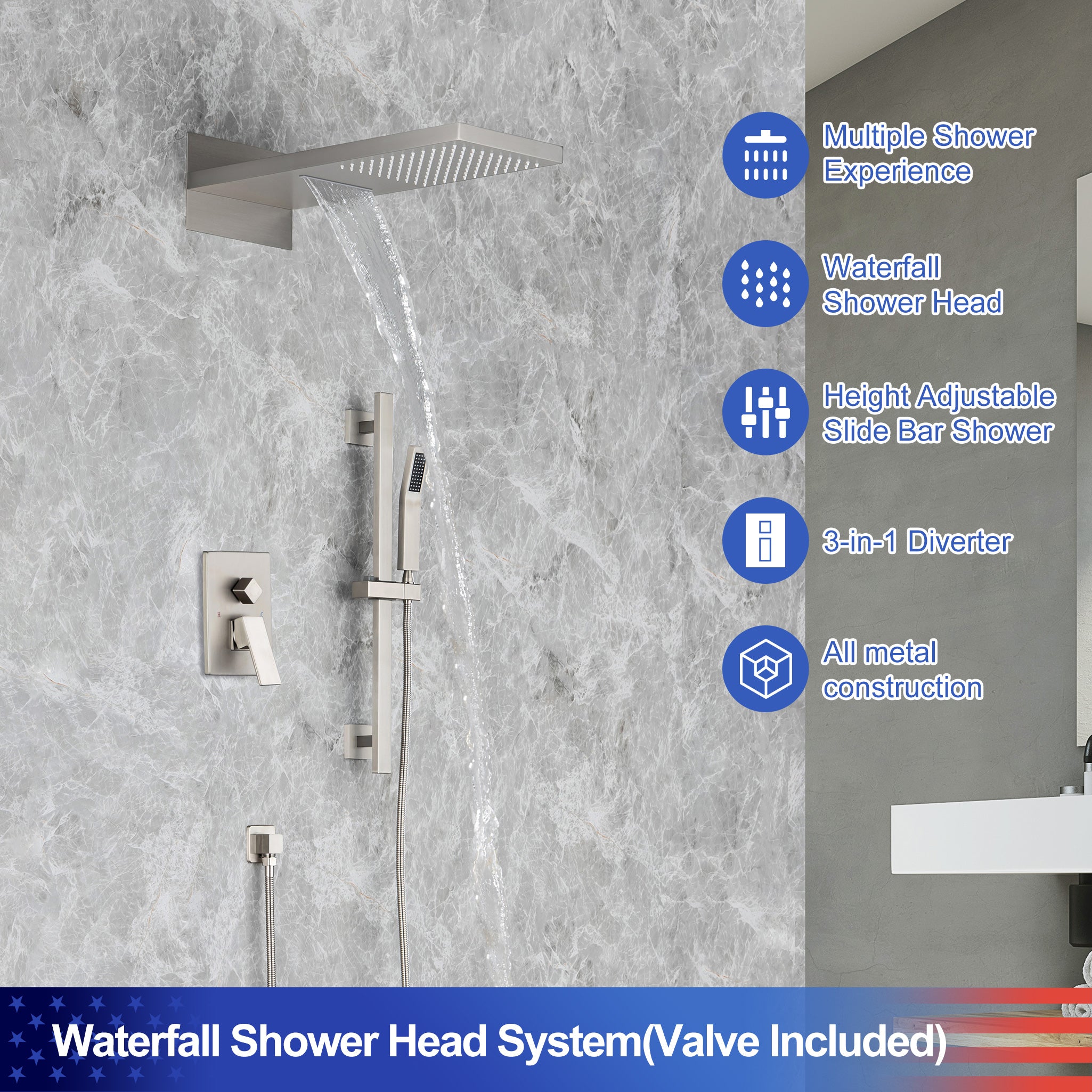 21.5" Rectangle 3-Way Wall-Mount Shower System with Rough-in Valve