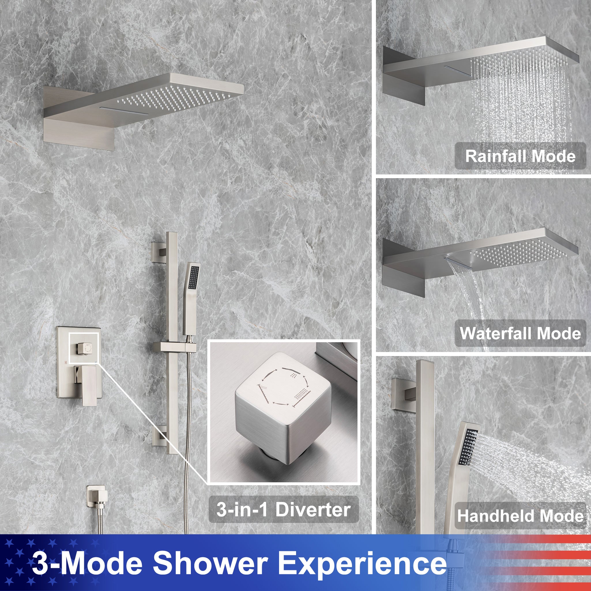 21.5" Rectangle 3-Way Wall-Mount Shower System with Rough-in Valve