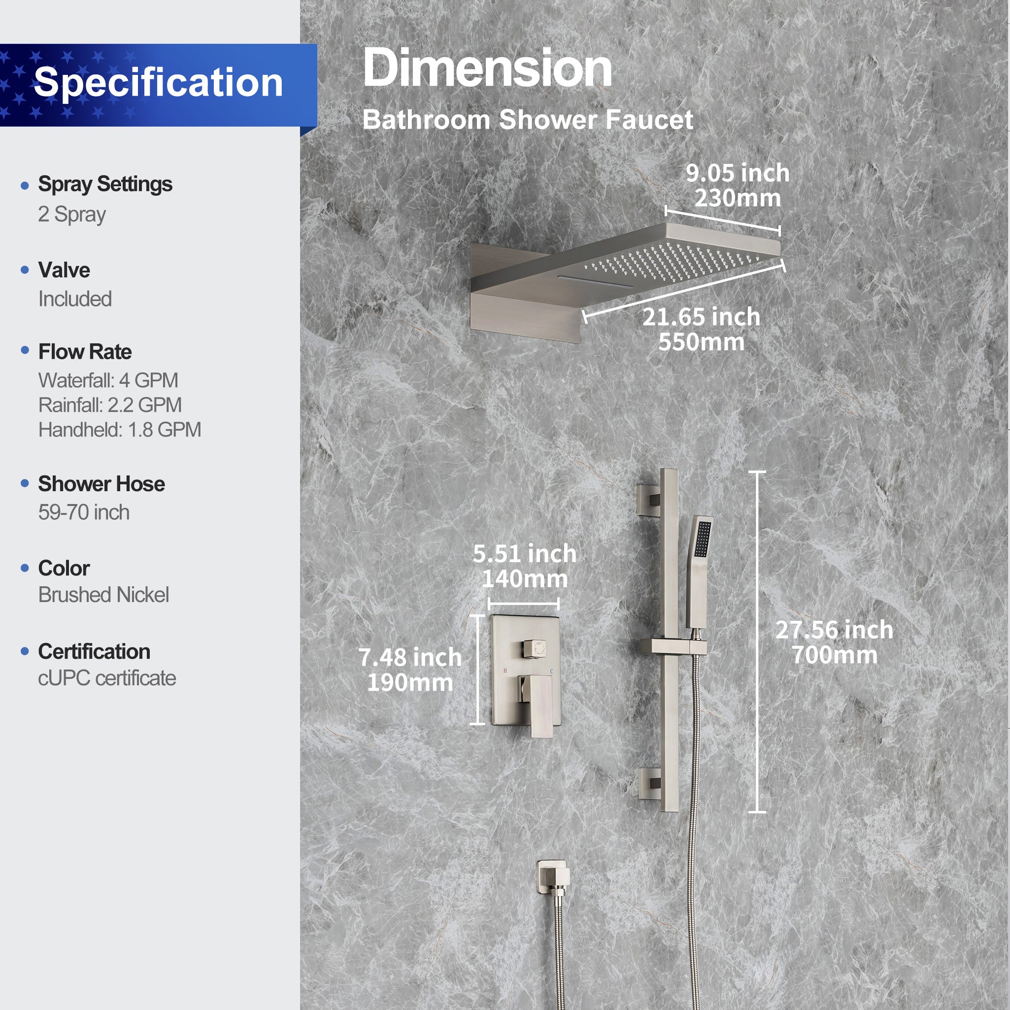 21.5" Rectangle 3-Way Wall-Mount Shower System with Rough-in Valve