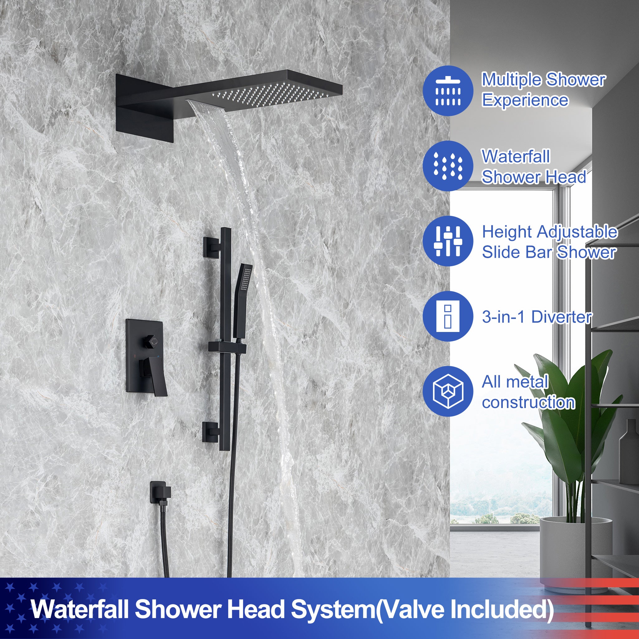 21.5" Rectangle 3-Way Wall-Mount Shower System with Rough-in Valve