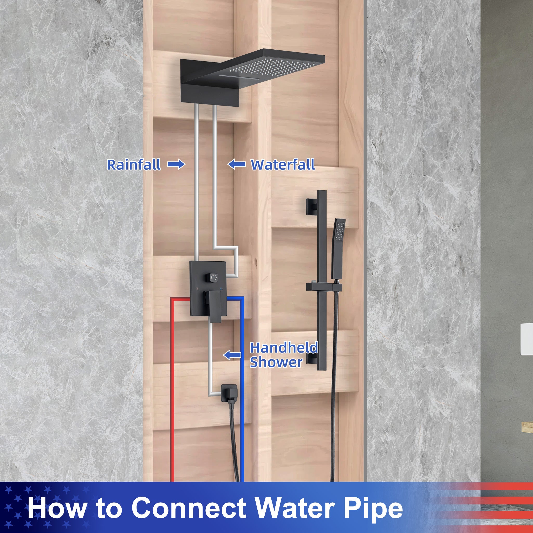 21.5" Rectangle 3-Way Wall-Mount Shower System with Rough-in Valve