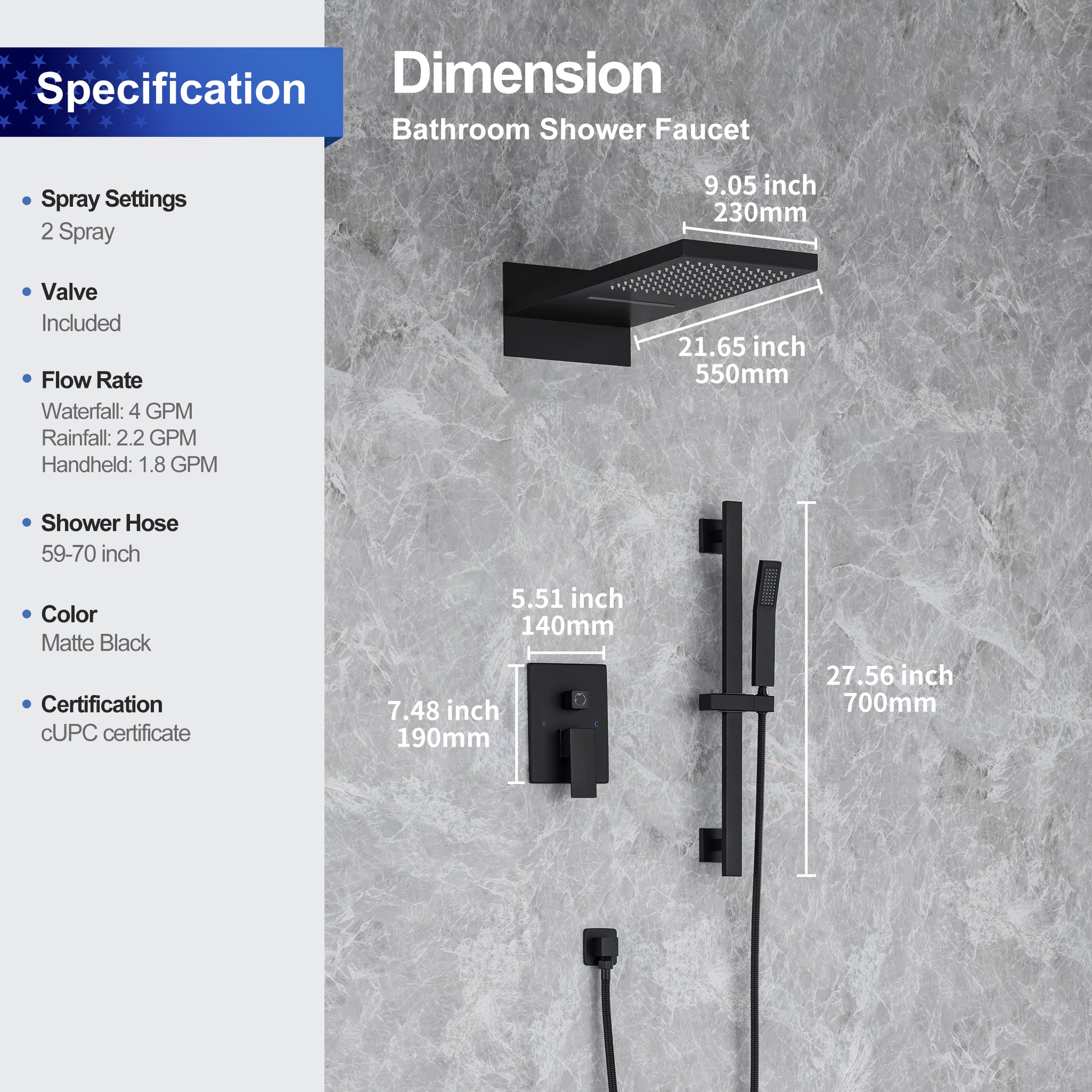 21.5" Rectangle 3-Way Wall-Mount Shower System with Rough-in Valve