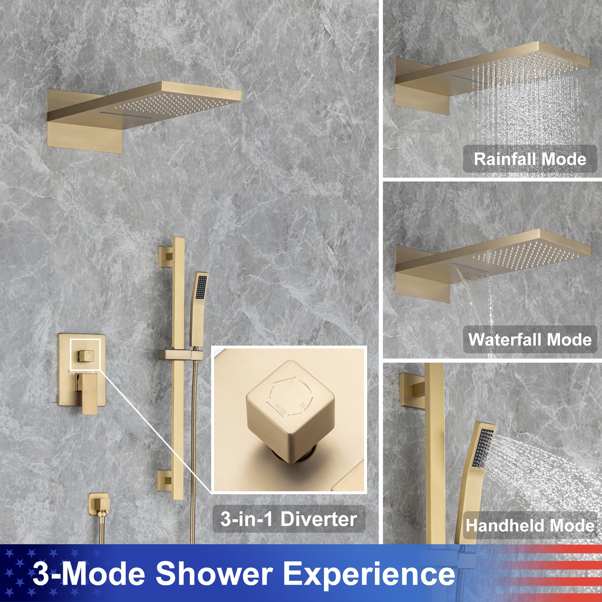 21.5" Rectangle 3-Way Wall-Mount Shower System with Rough-in Valve