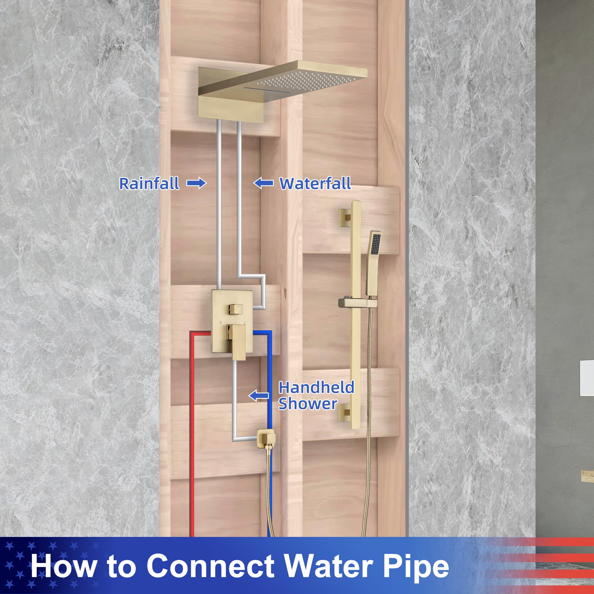 21.5" Rectangle 3-Way Wall-Mount Shower System with Rough-in Valve