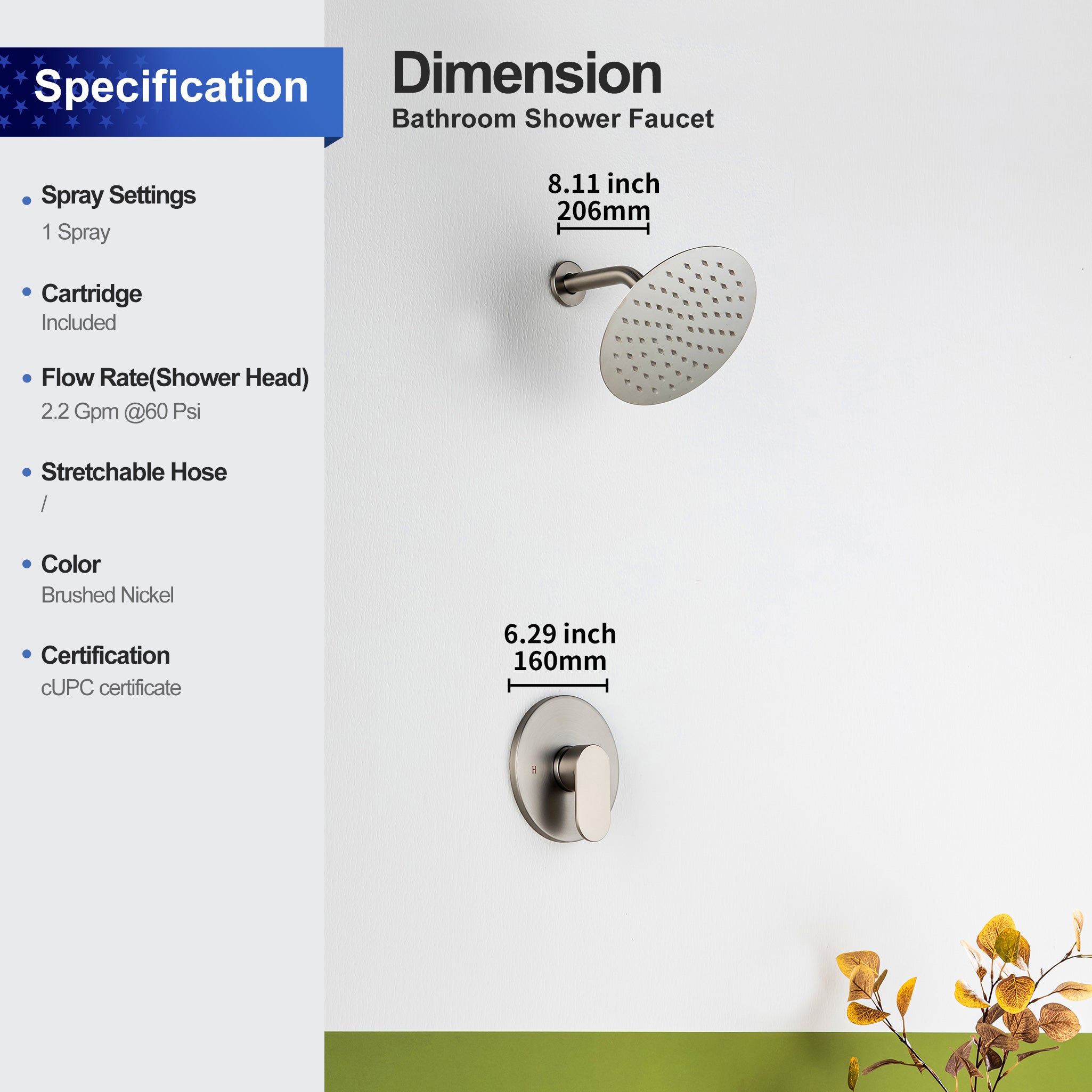 8-inch shower head, dual-direction wall-mounted round shower faucet with pre-installed valve, model RX94101