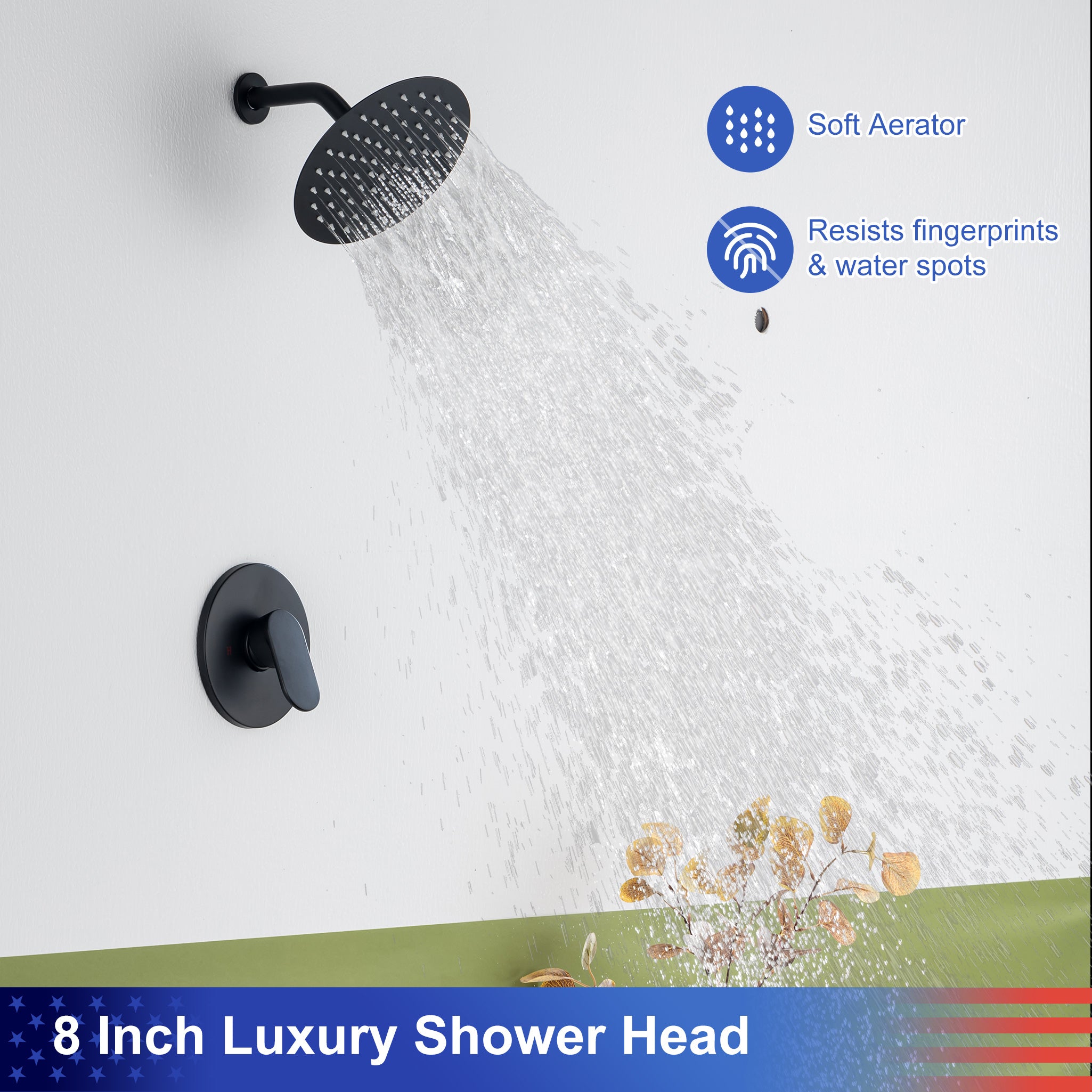 Pommeau de douche carré à 2 voies de 8 po avec robinet de raccordement au mur RX94202