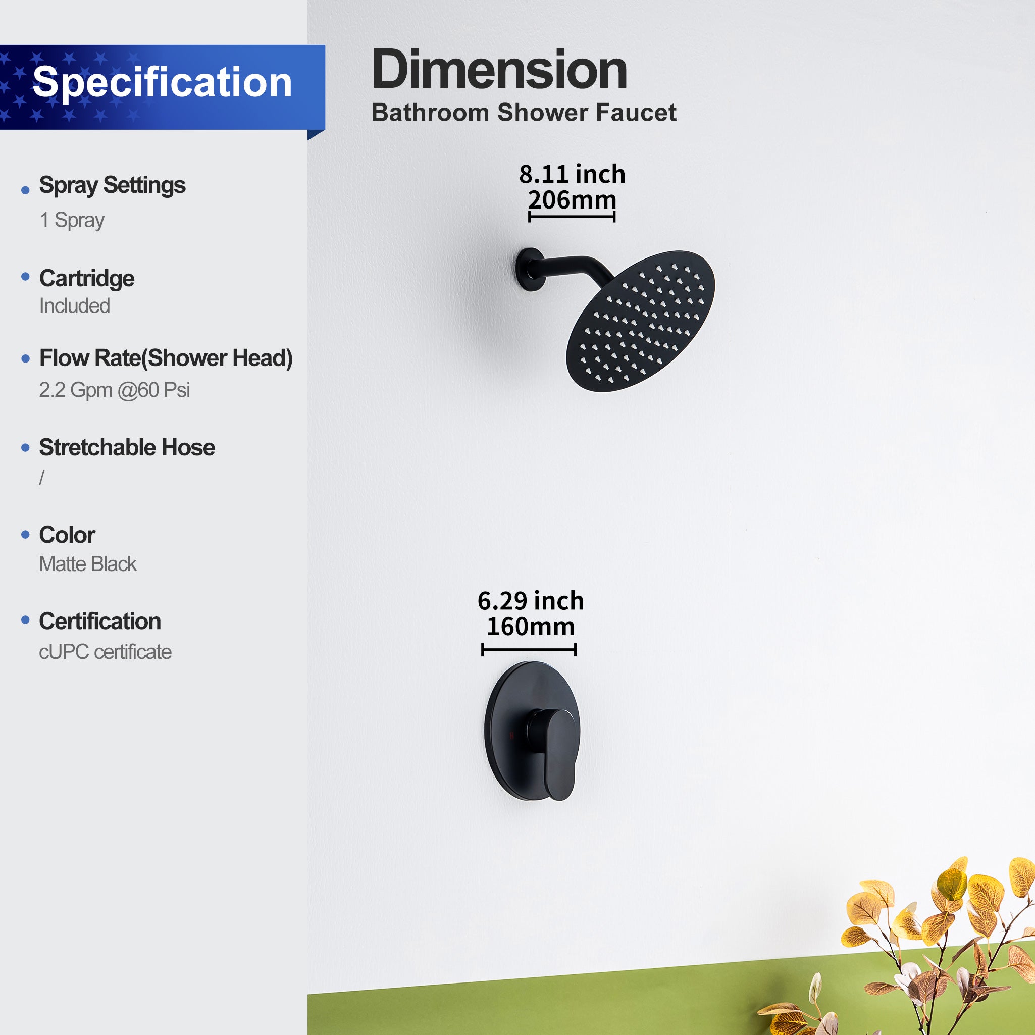 8-inch shower head, dual-direction wall-mounted round shower faucet with pre-installed valve, model RX94101