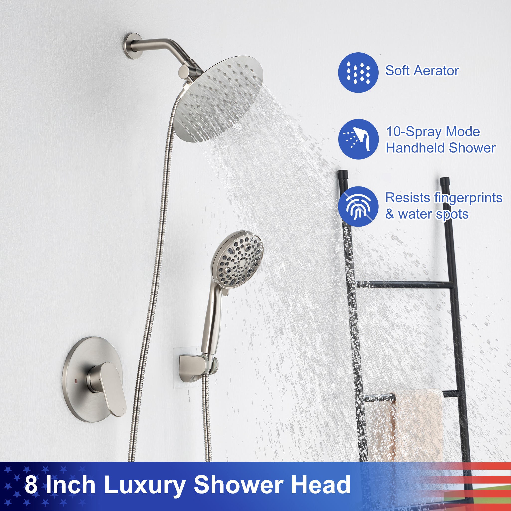 8-inch shower head, dual-direction wall-mounted round shower faucet with pre-installed valve, model RX94102