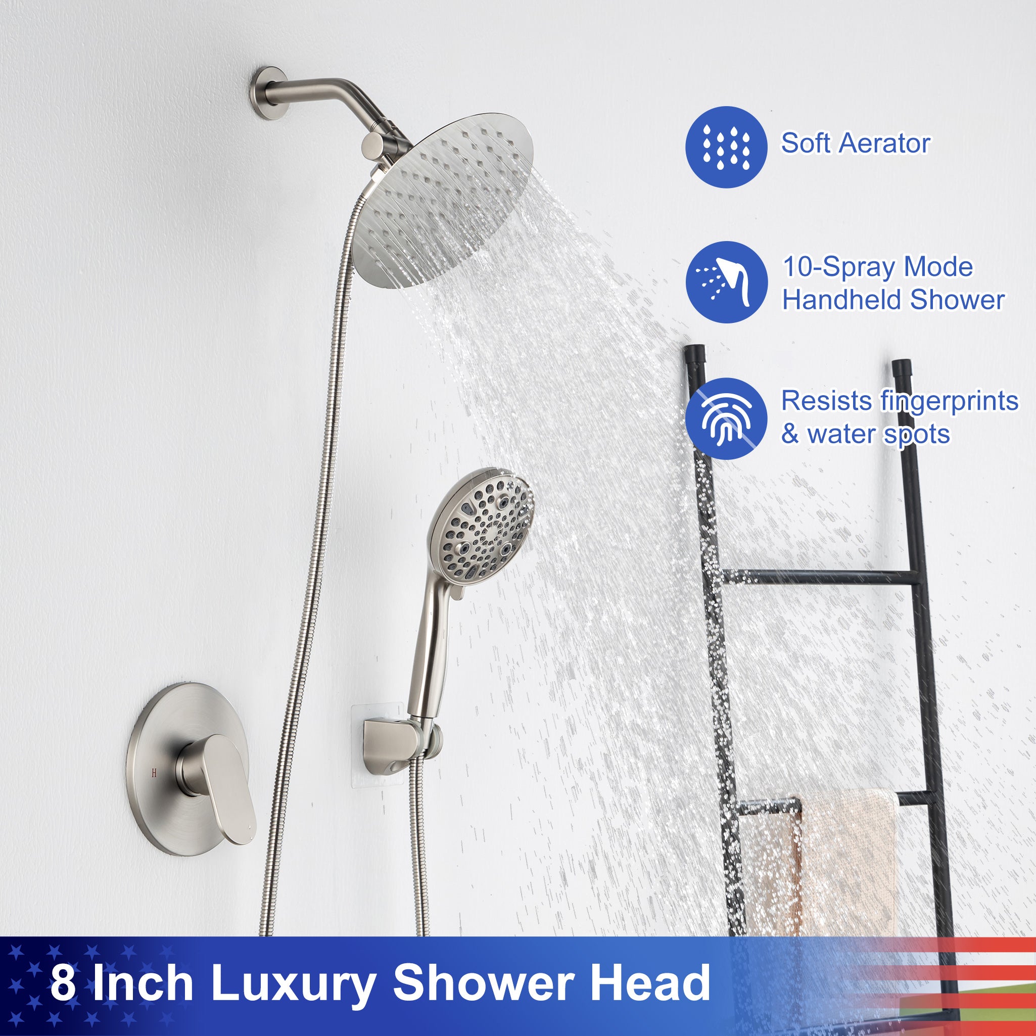 8-inch shower head, dual-direction wall-mounted round shower faucet with pre-installed valve, model RX94102