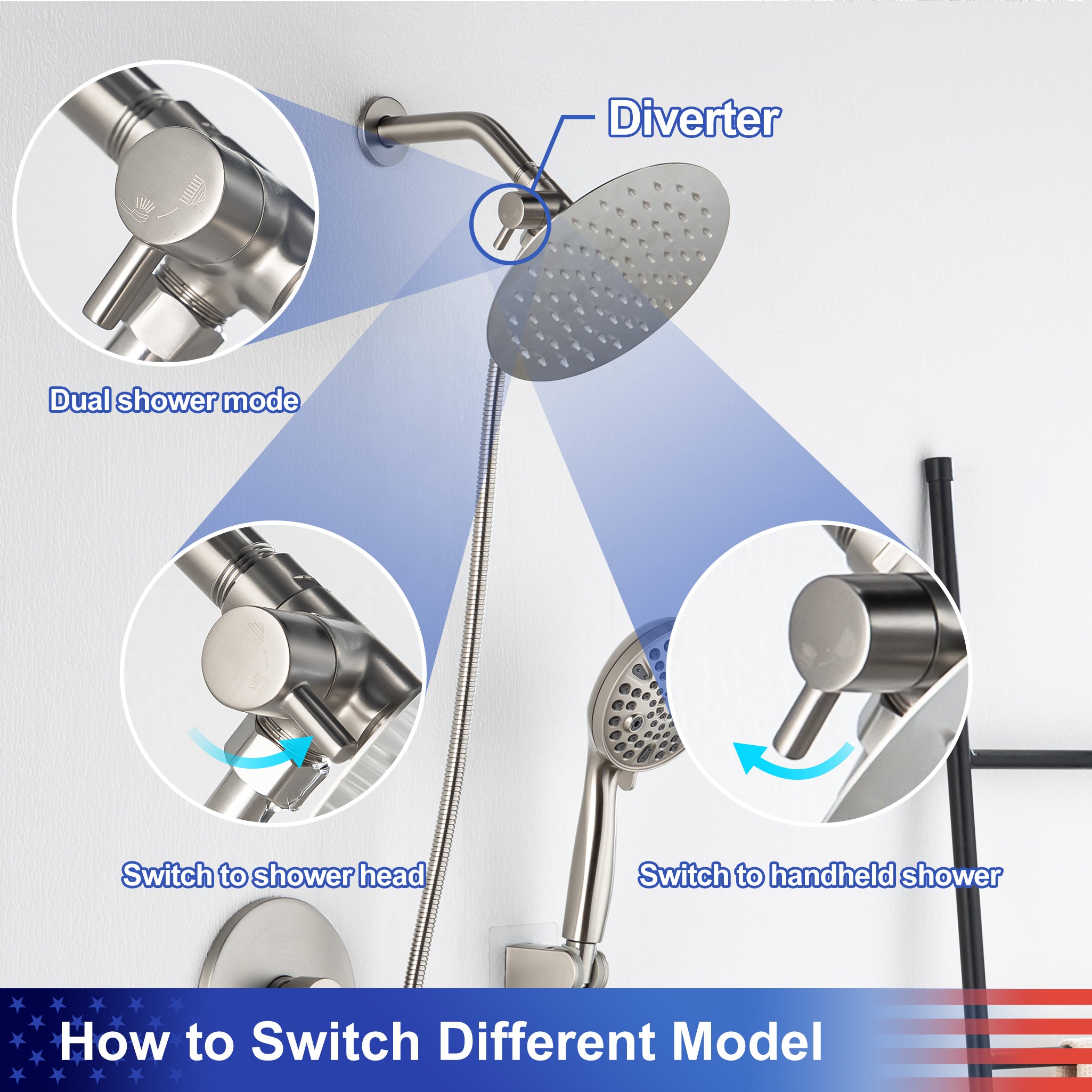 8-inch shower head, dual-direction wall-mounted round shower faucet with pre-installed valve, model RX94102