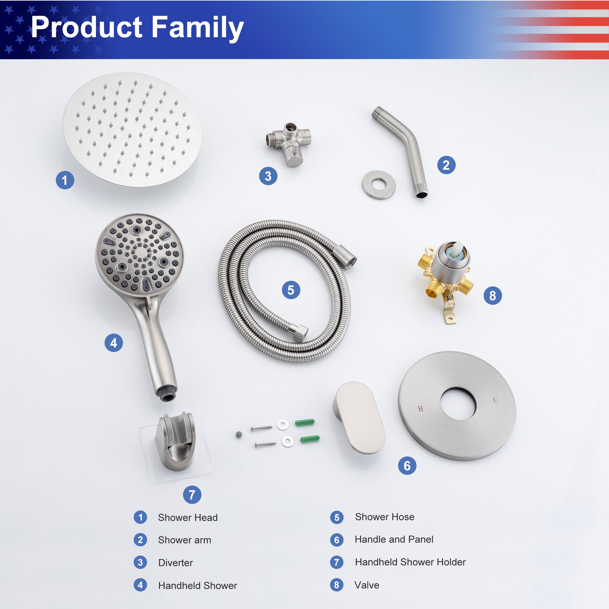 8-inch shower head, dual-direction wall-mounted round shower faucet with pre-installed valve, model RX94102