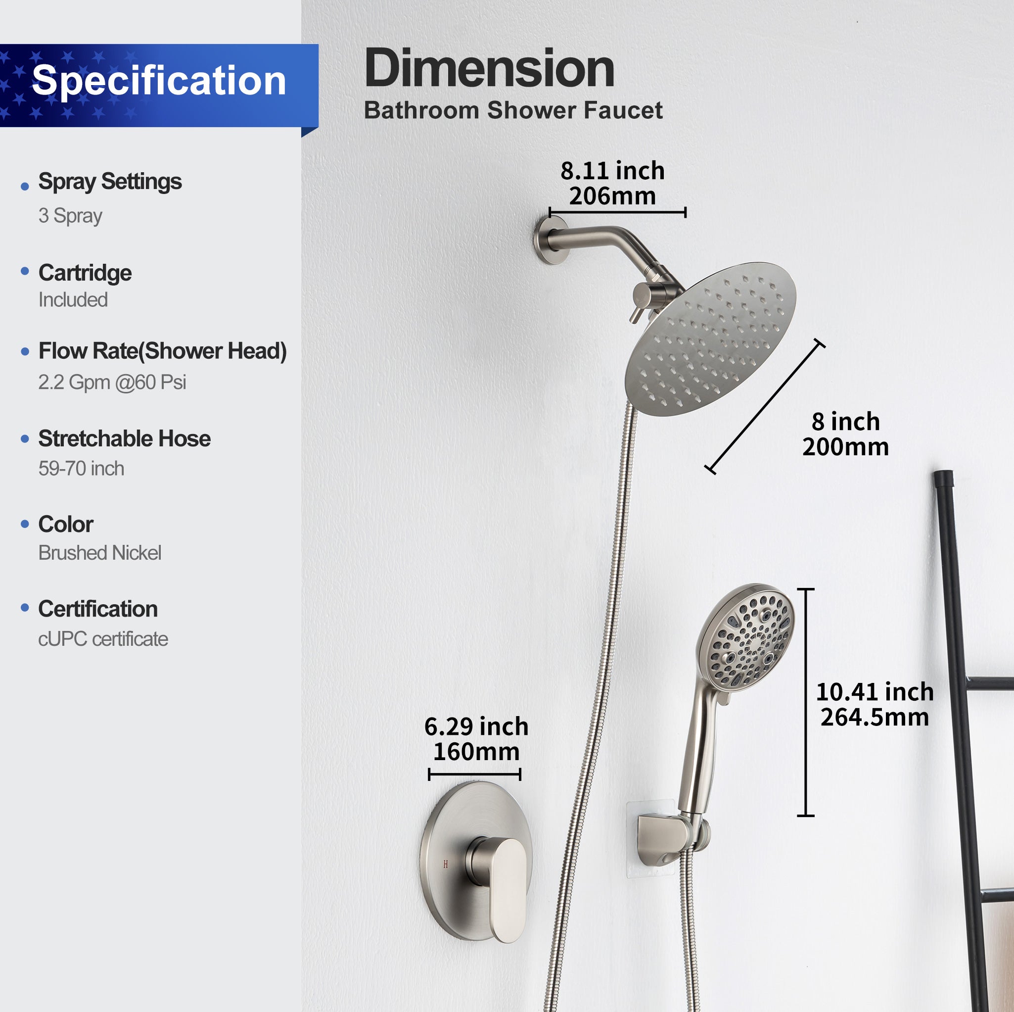 8-inch shower head, dual-direction wall-mounted round shower faucet with pre-installed valve, model RX94102