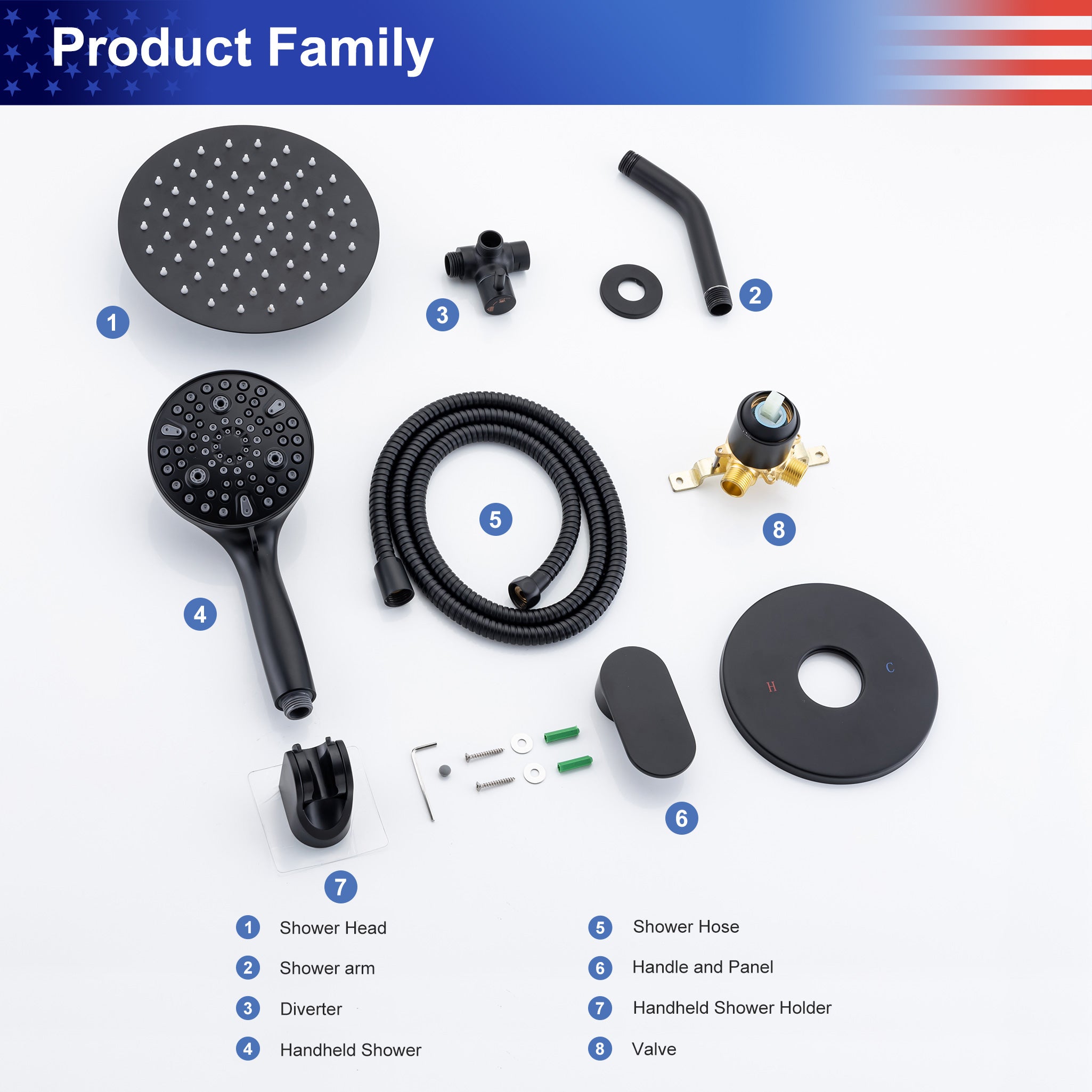 8-inch shower head, dual-direction wall-mounted round shower faucet with pre-installed valve, model RX94102