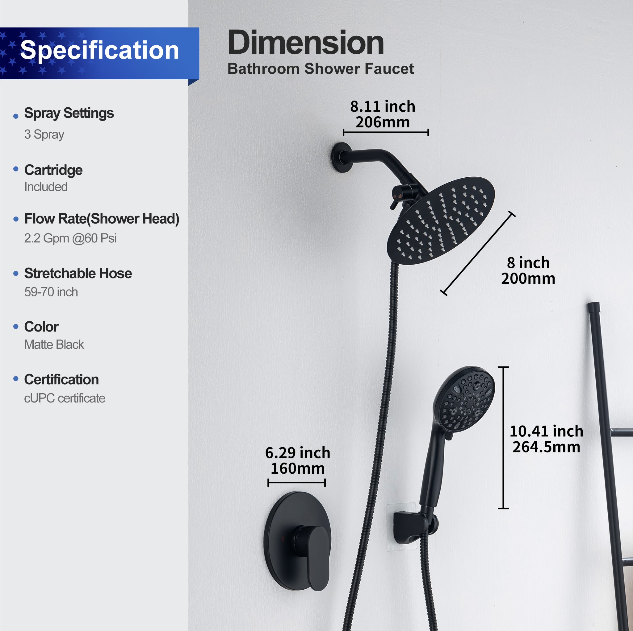8-inch shower head, dual-direction wall-mounted round shower faucet with pre-installed valve, model RX94102