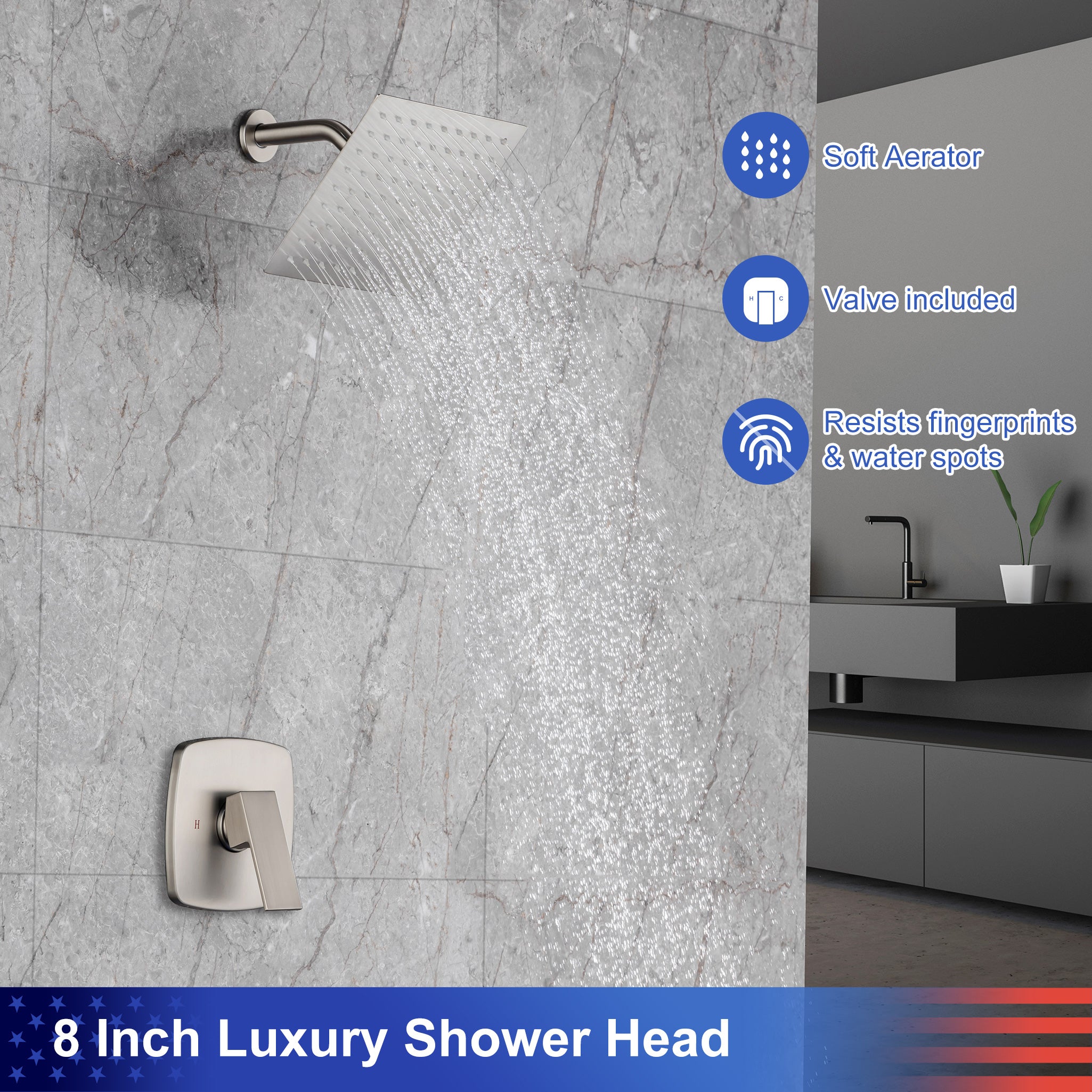 Système de douche complet carré de 8 po avec robinet d'installation brute RX94201