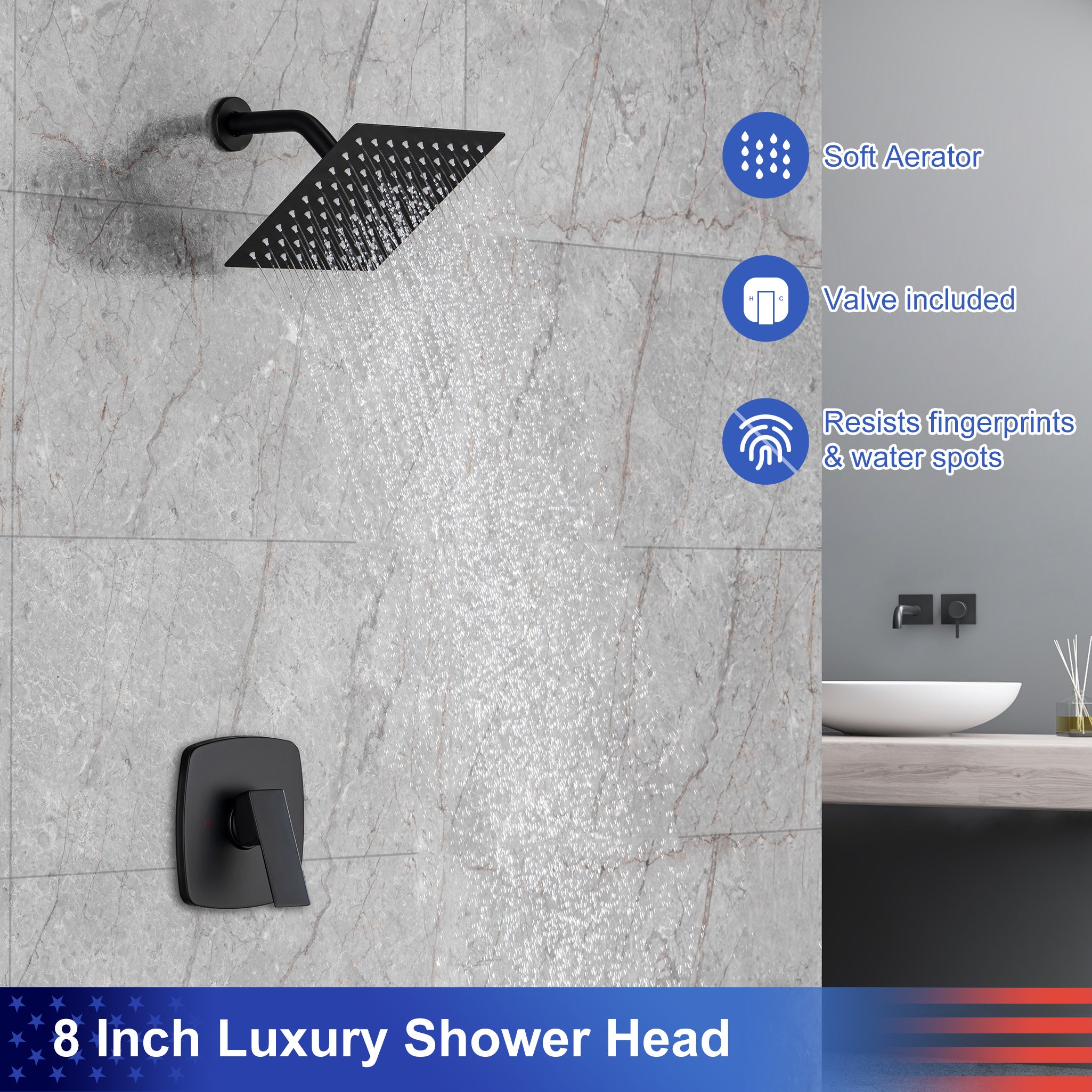 Système de douche complet carré de 8 po avec robinet d'installation brute RX94201