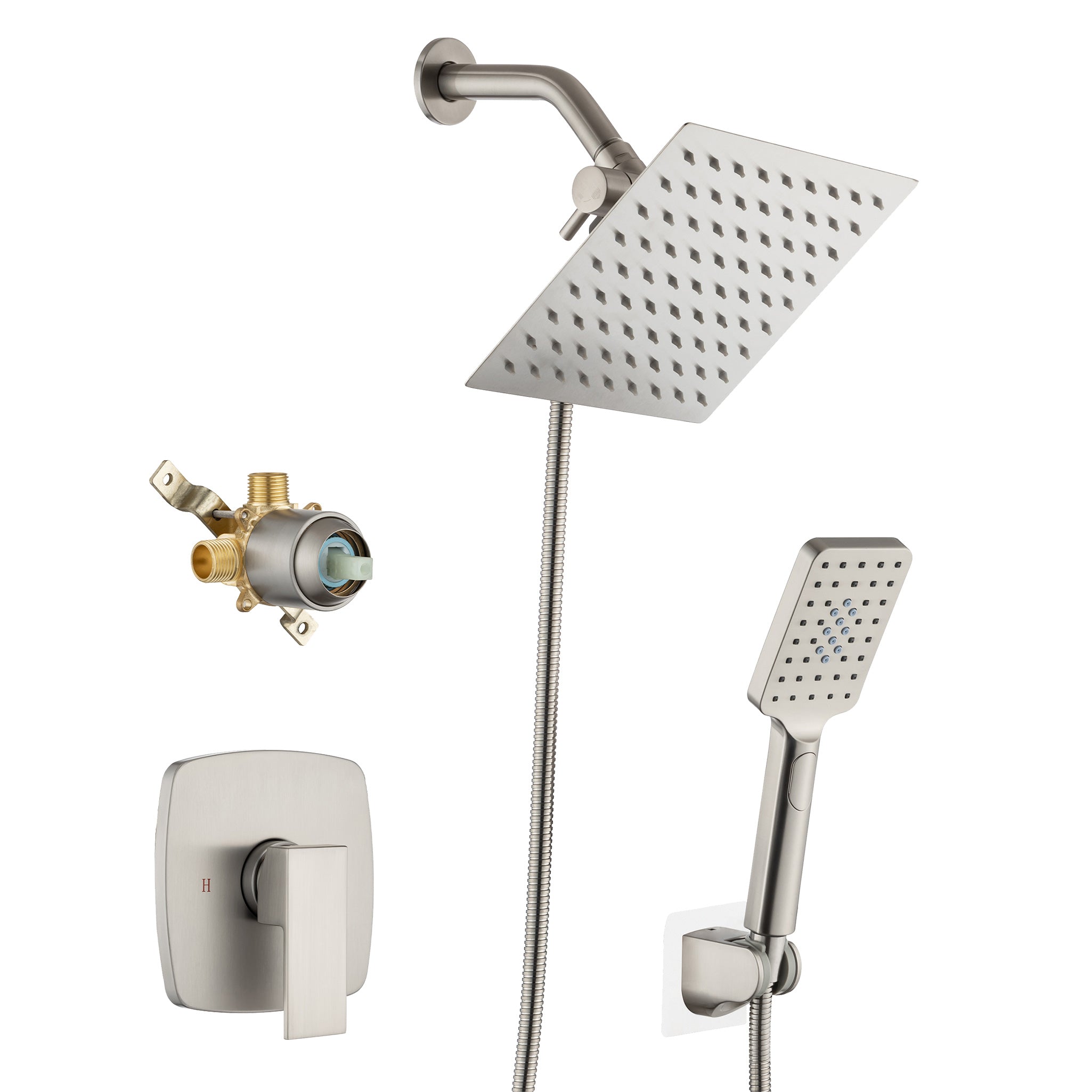 Pommeau de douche carré à 2 voies de 8 po avec robinet de raccordement au mur RX94202