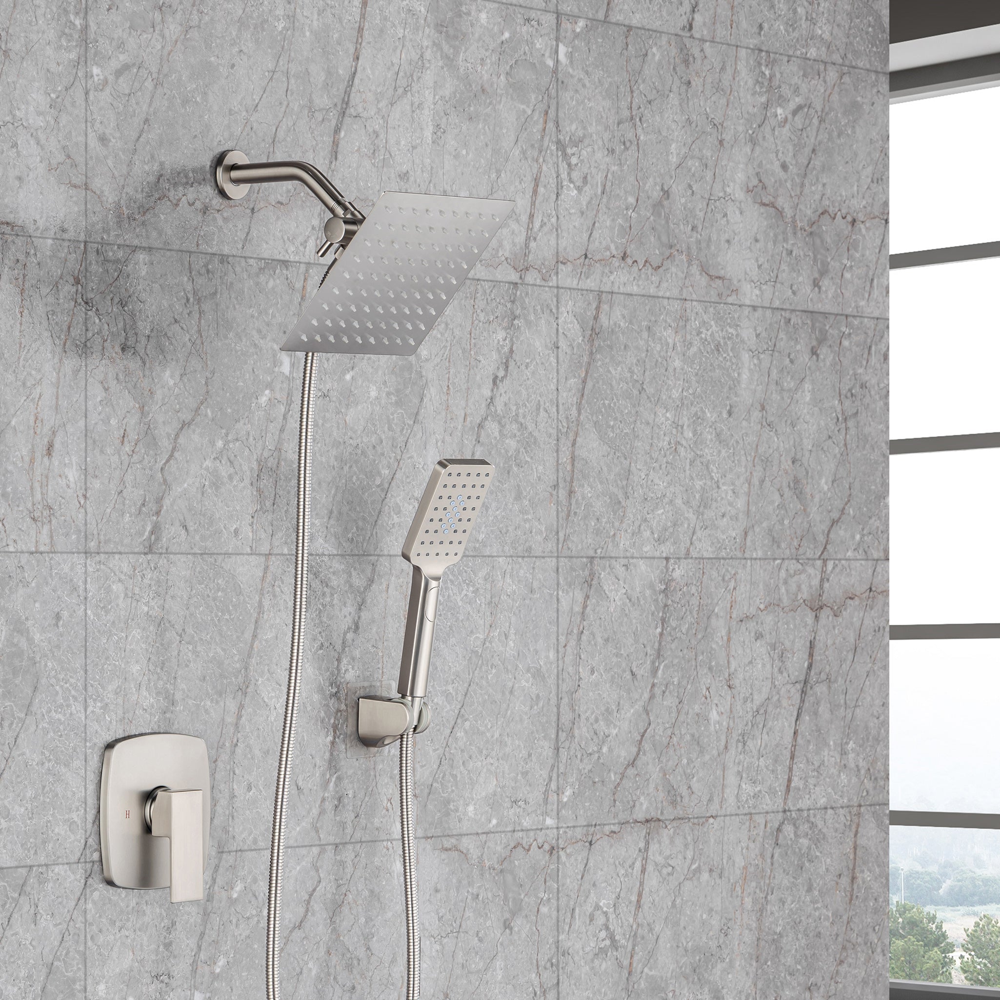 Pommeau de douche carré à 2 voies de 8 po avec robinet de raccordement au mur RX94202