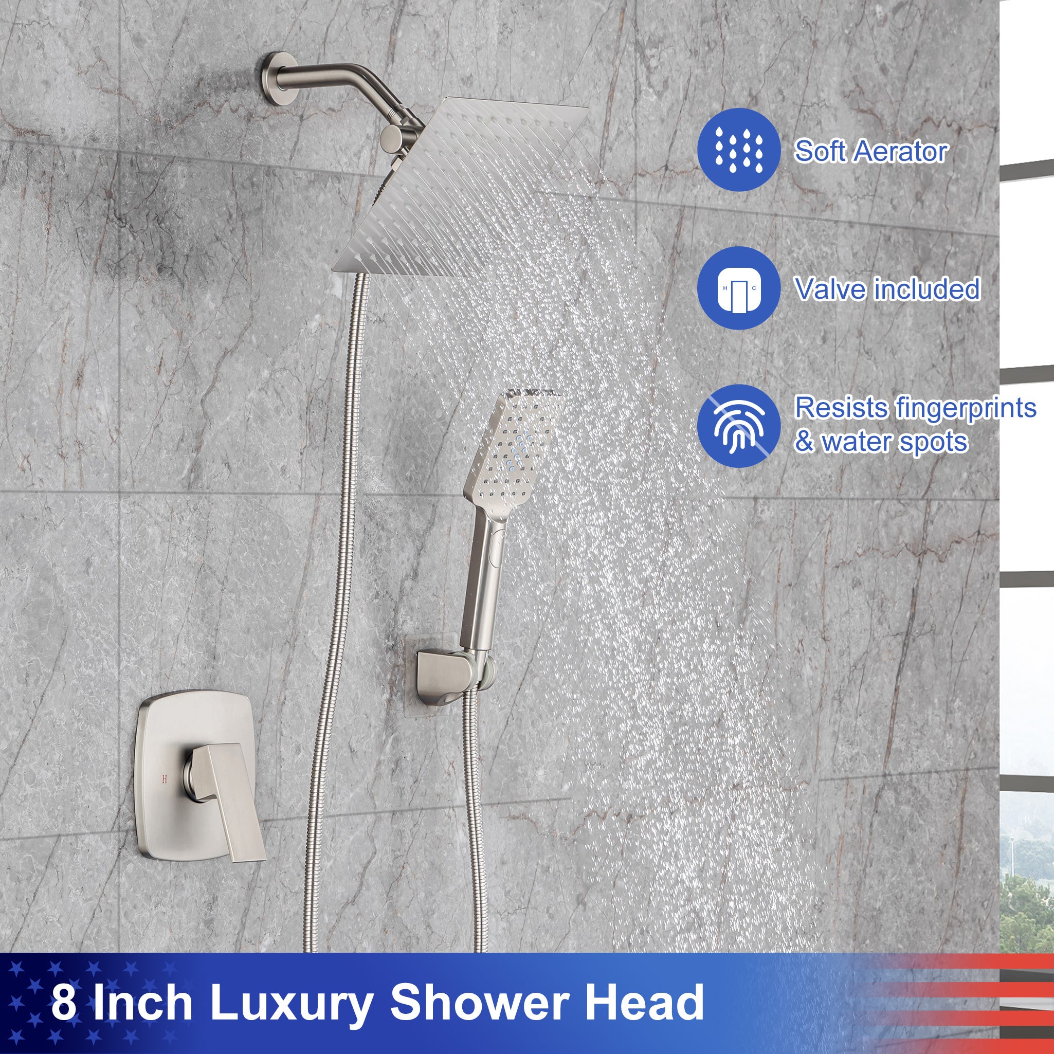 Pommeau de douche carré à 2 voies de 8 po avec robinet de raccordement au mur RX94202
