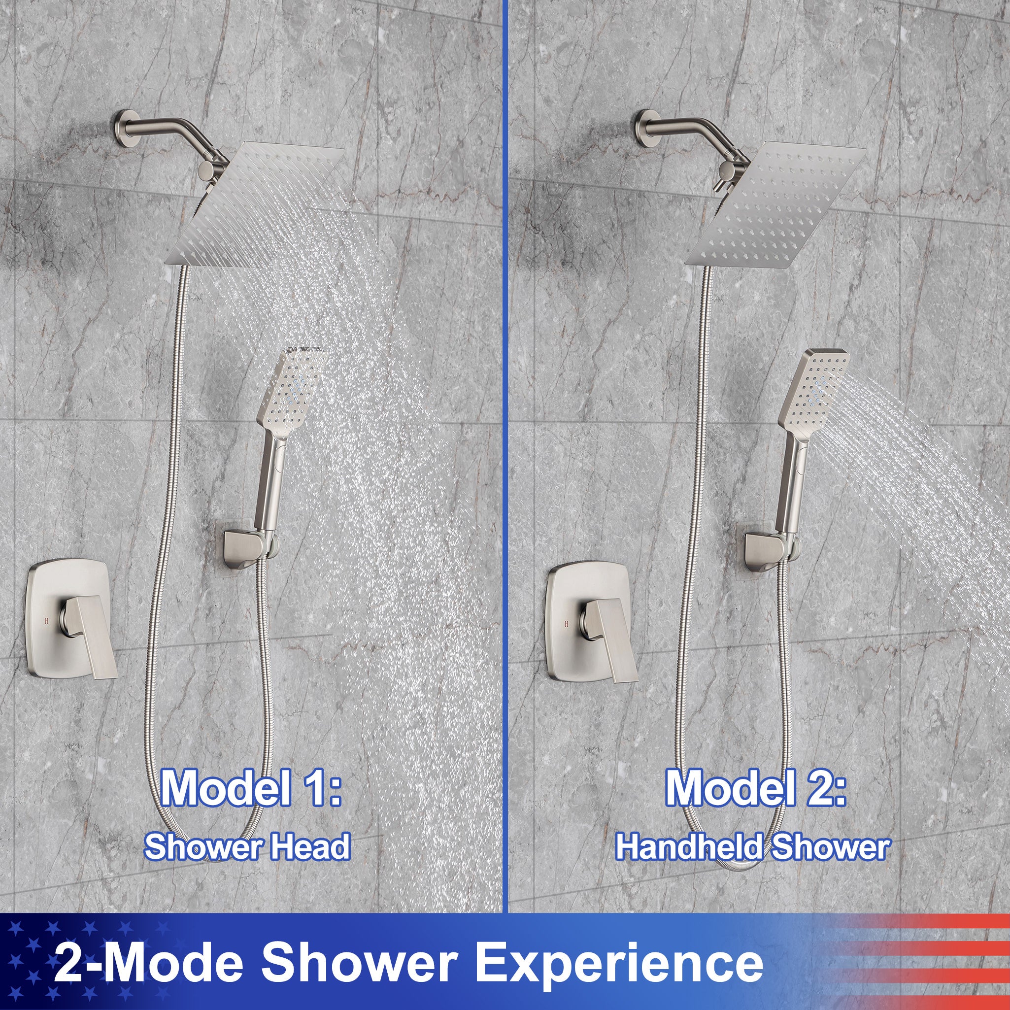 Pommeau de douche carré à 2 voies de 8 po avec robinet de raccordement au mur RX94202