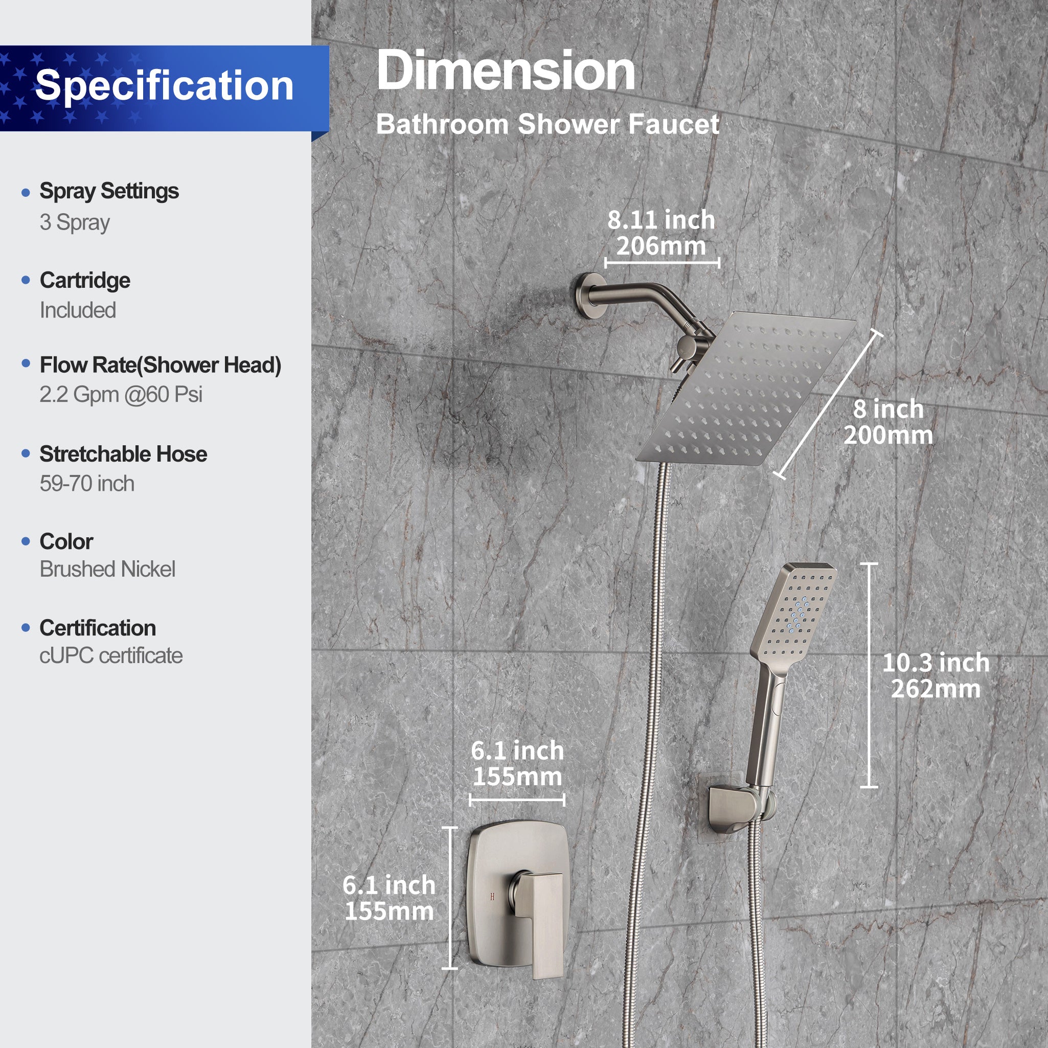 Pommeau de douche carré à 2 voies de 8 po avec robinet de raccordement au mur RX94202