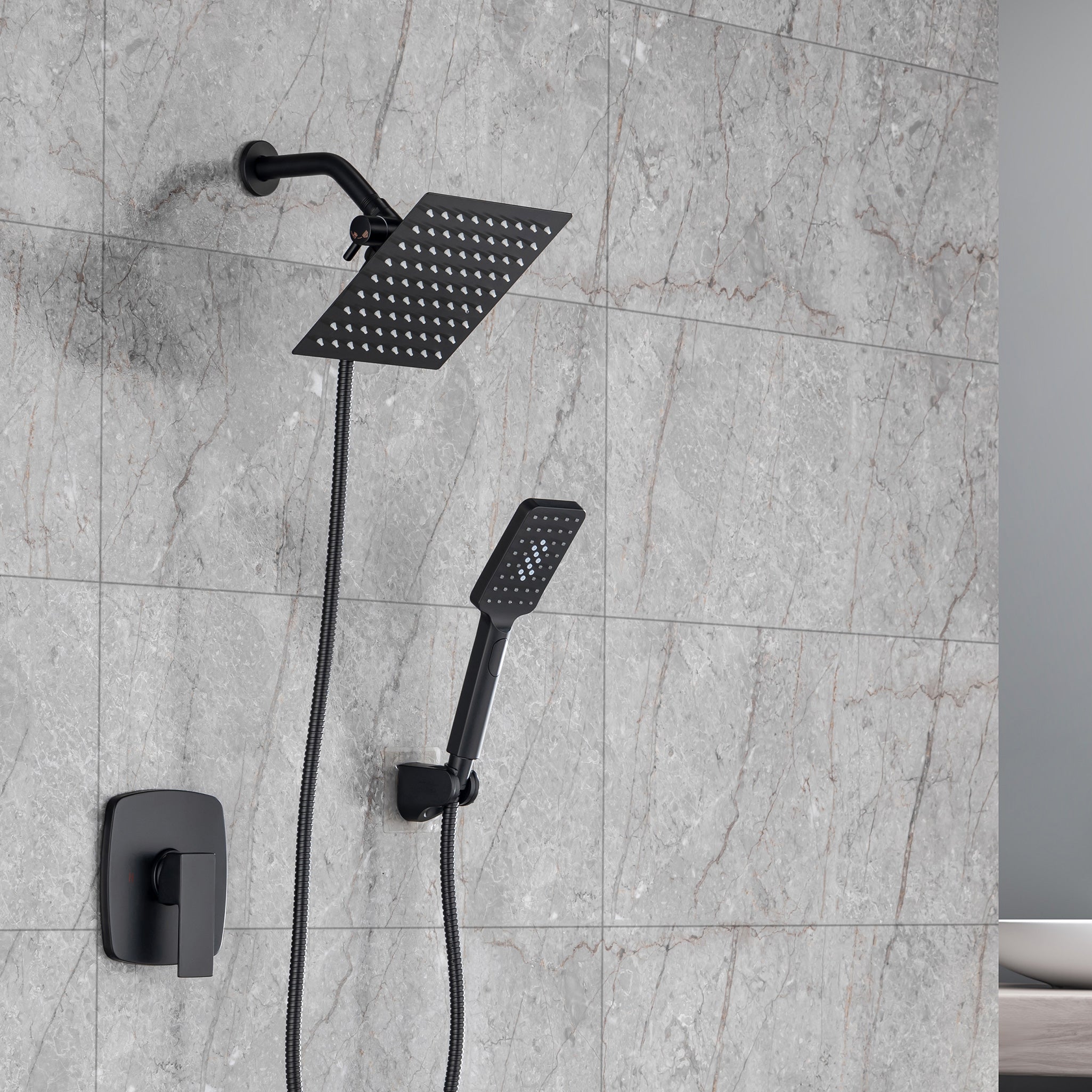 Pommeau de douche carré à 2 voies de 8 po avec robinet de raccordement au mur RX94202