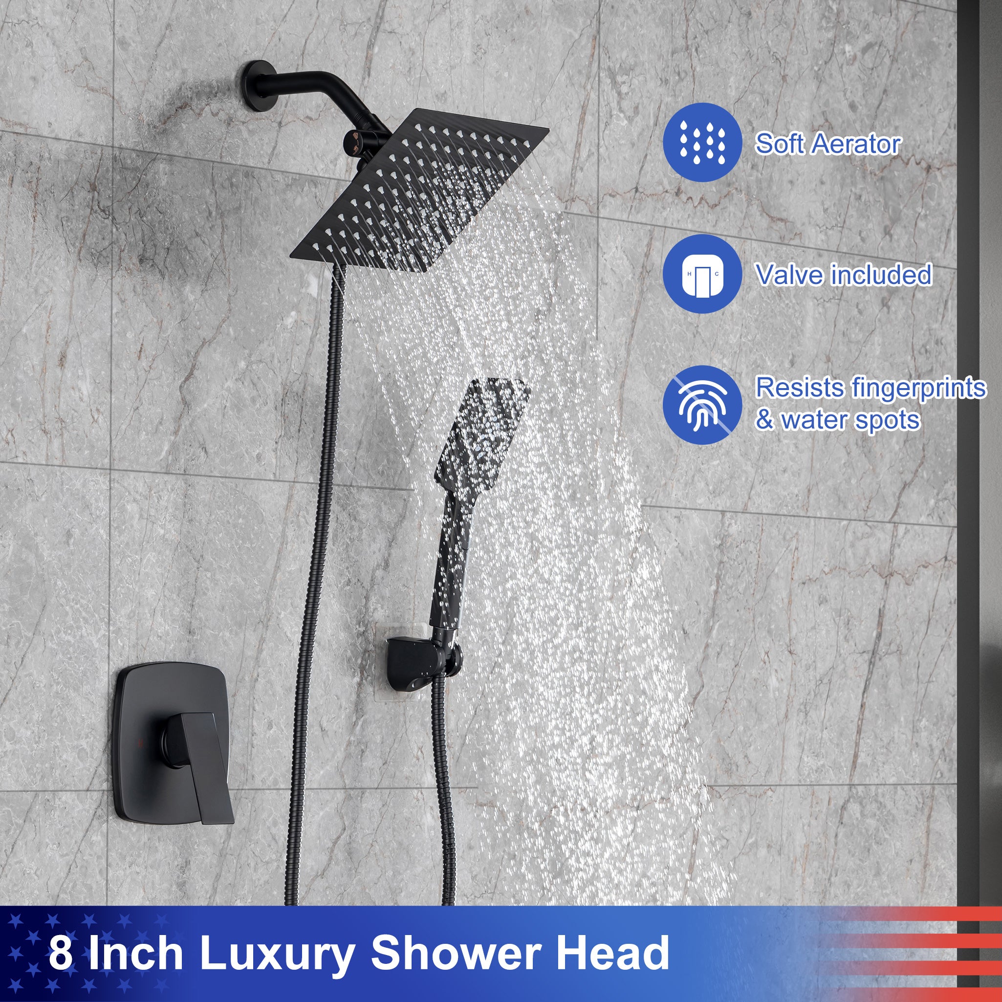 Pommeau de douche carré à 2 voies de 8 po avec robinet de raccordement au mur RX94202