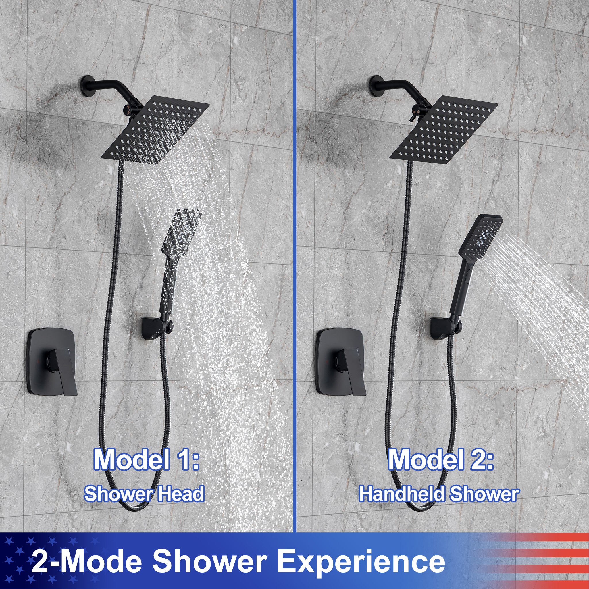 Pommeau de douche carré à 2 voies de 8 po avec robinet de raccordement au mur RX94202