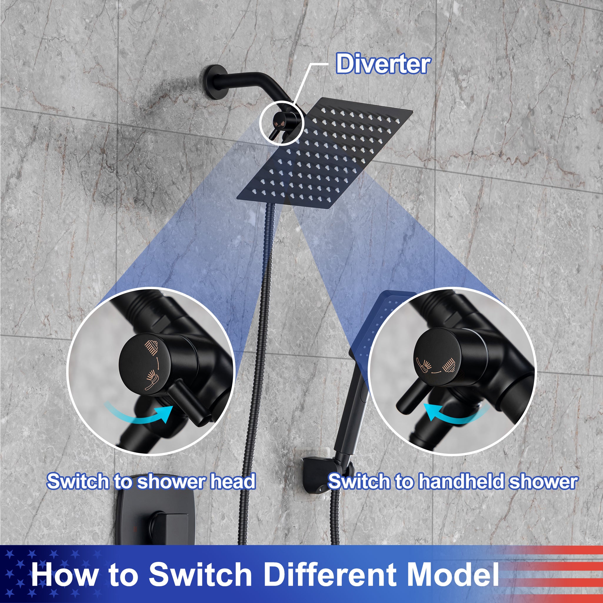 Pommeau de douche carré à 2 voies de 8 po avec robinet de raccordement au mur RX94202