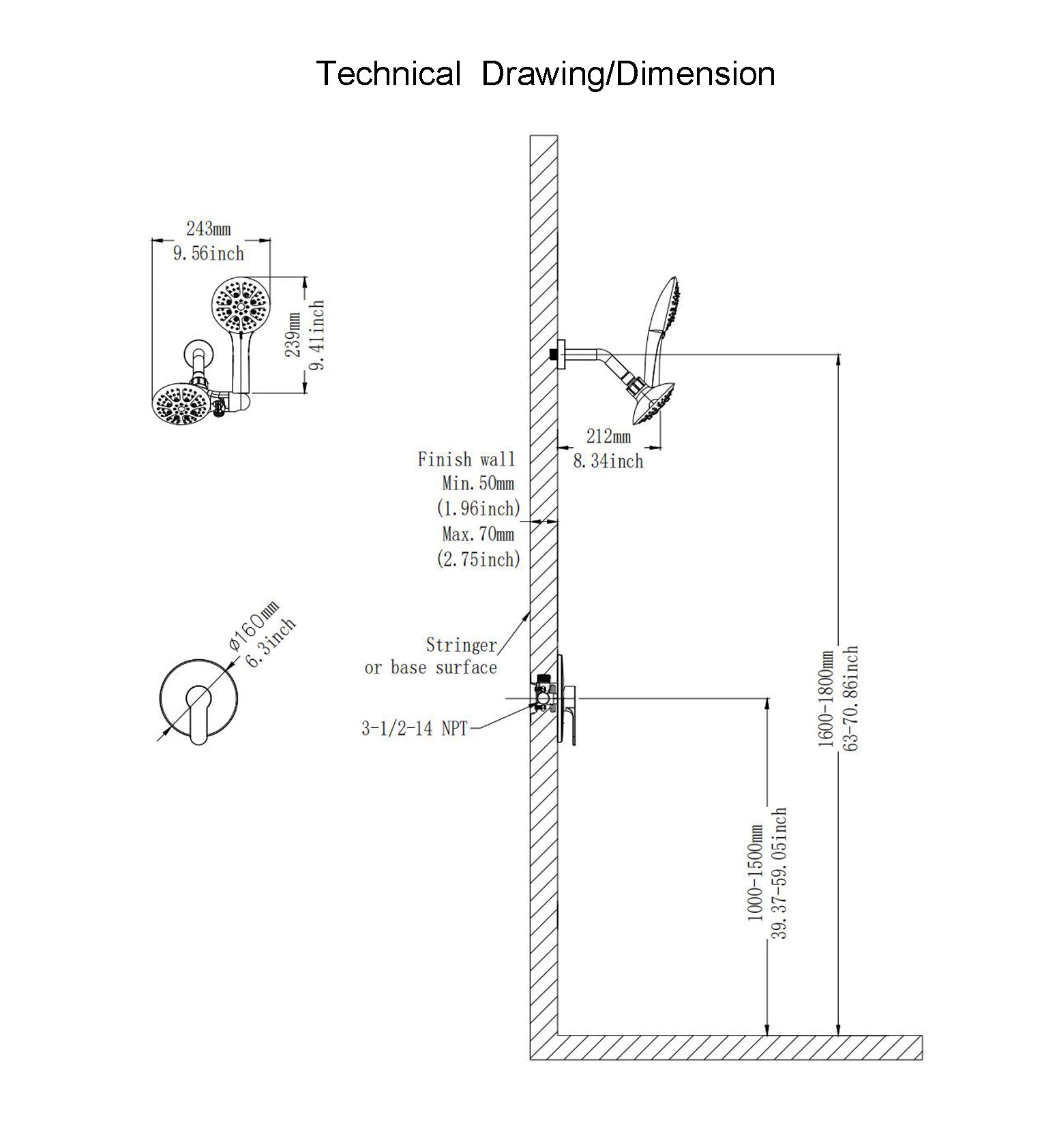Dual 3-Way Rainfall Shower Head with Rough-in Valve