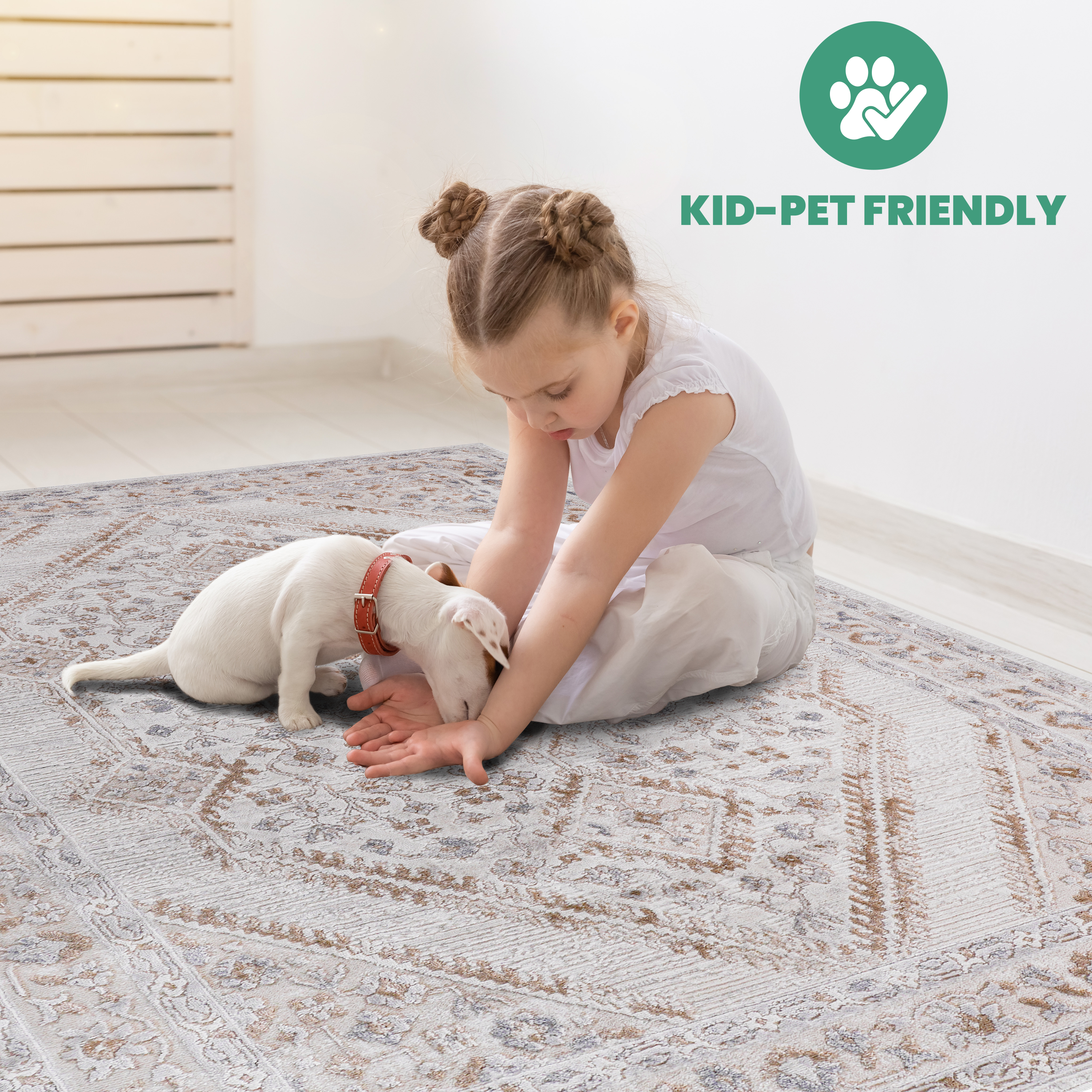 Rainlex 5”x 7” Cream/Ivory/Bordered Non-Shedding Area Rug, Soft Low-Pile, Stain-Resistant, Non-Slip
