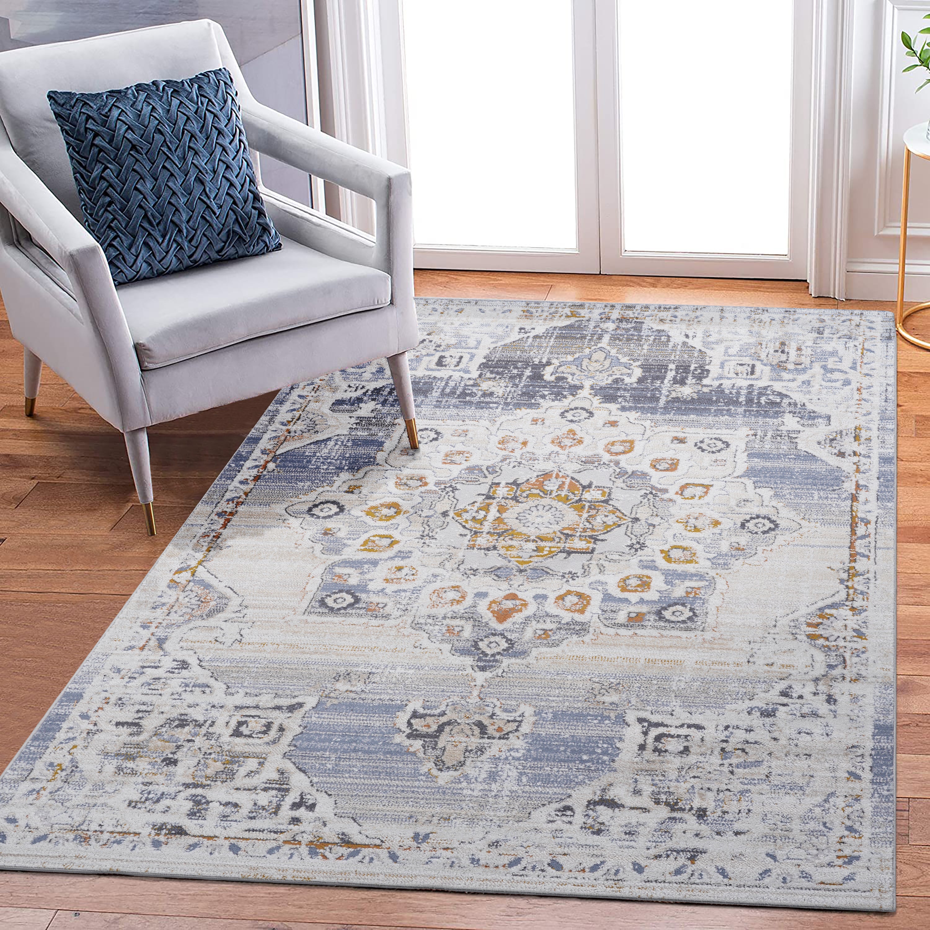 Rainlex 5X7 Cream/Gold /Medallion Non-Shedding Living Room Bedroom Dining Home Office Stylish and Stain Resistant Area Rug 