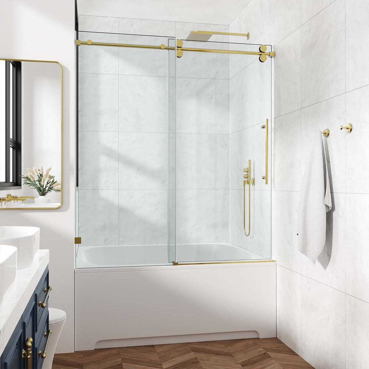 Frameless Sliding Shower Door with 3/8" Tempered Glass and Stainless Steel Frame