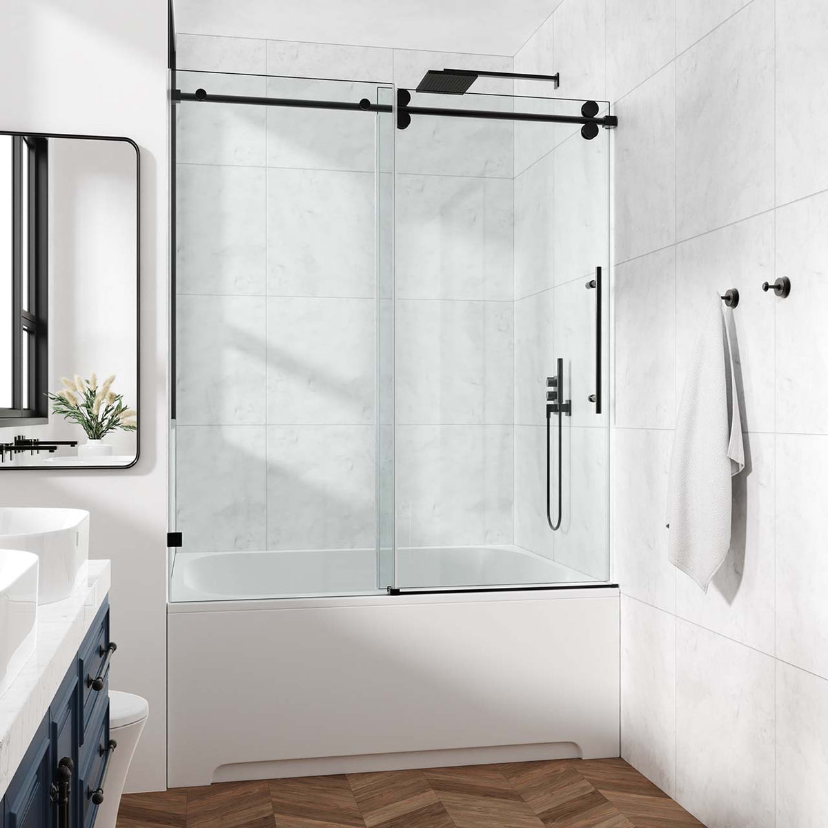 Frameless Sliding Shower Door with 3/8" Tempered Glass and Stainless Steel Frame