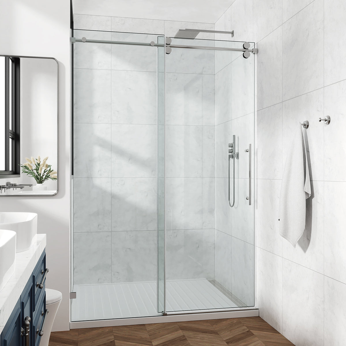 Frameless Sliding Shower Door with 3/8" Tempered Glass and Stainless Steel Frame