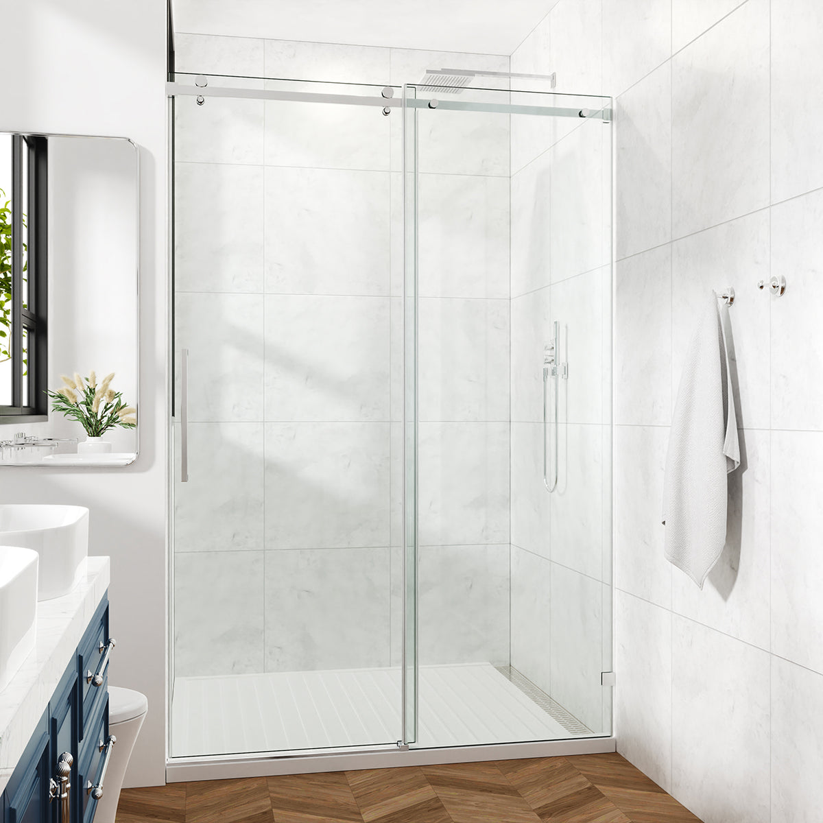 Rainlex Frameless Single-Panel Sliding Shower Door with 3/8" Tempered Glass and Stainless Steel Frame