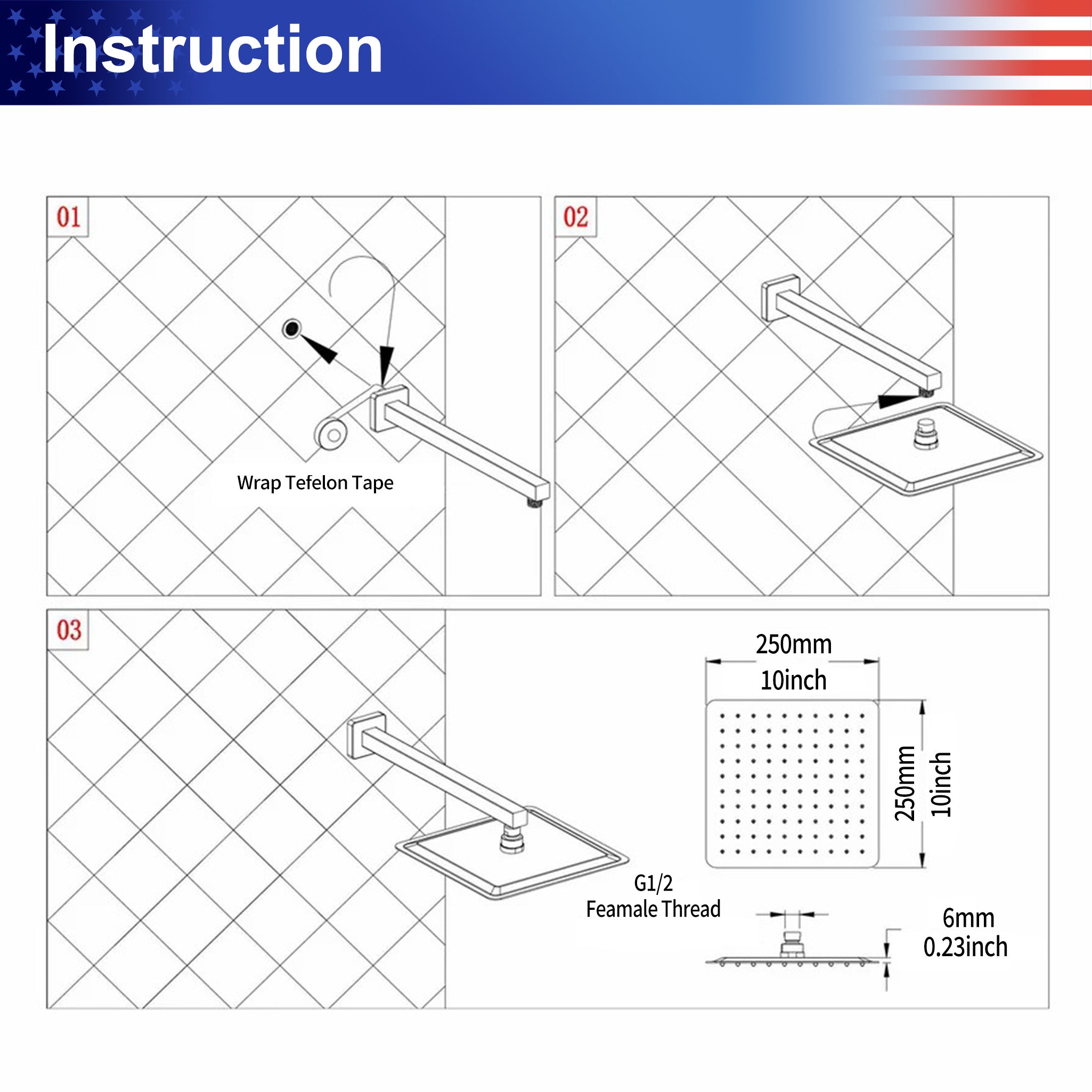 Installation guide for a square stainless steel shower head