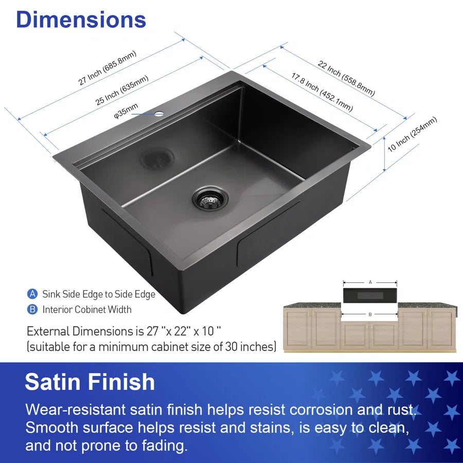 22'' L Drop-In Single Bowl Stainless Steel Kitchen Sink